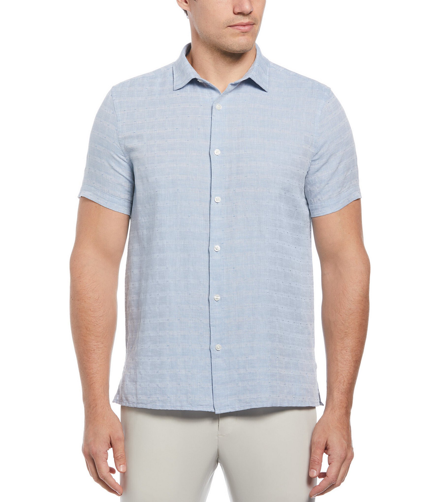 Perry Ellis Linen Blend Plaid Short Sleeve Woven Shirt