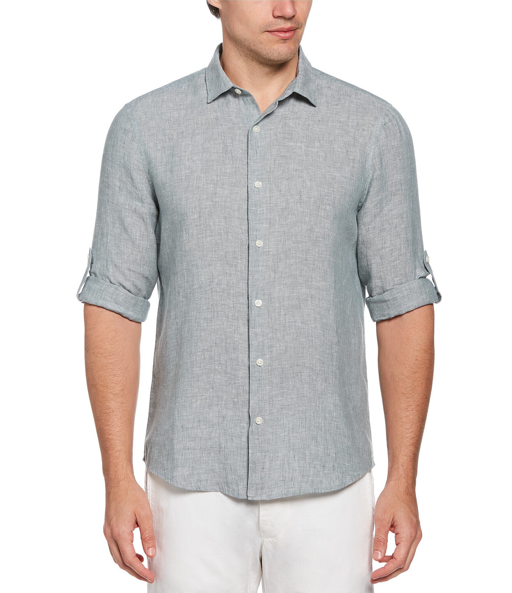 Perry Ellis Linen Long Roll-Sleeve Woven Shirt | Dillard's
