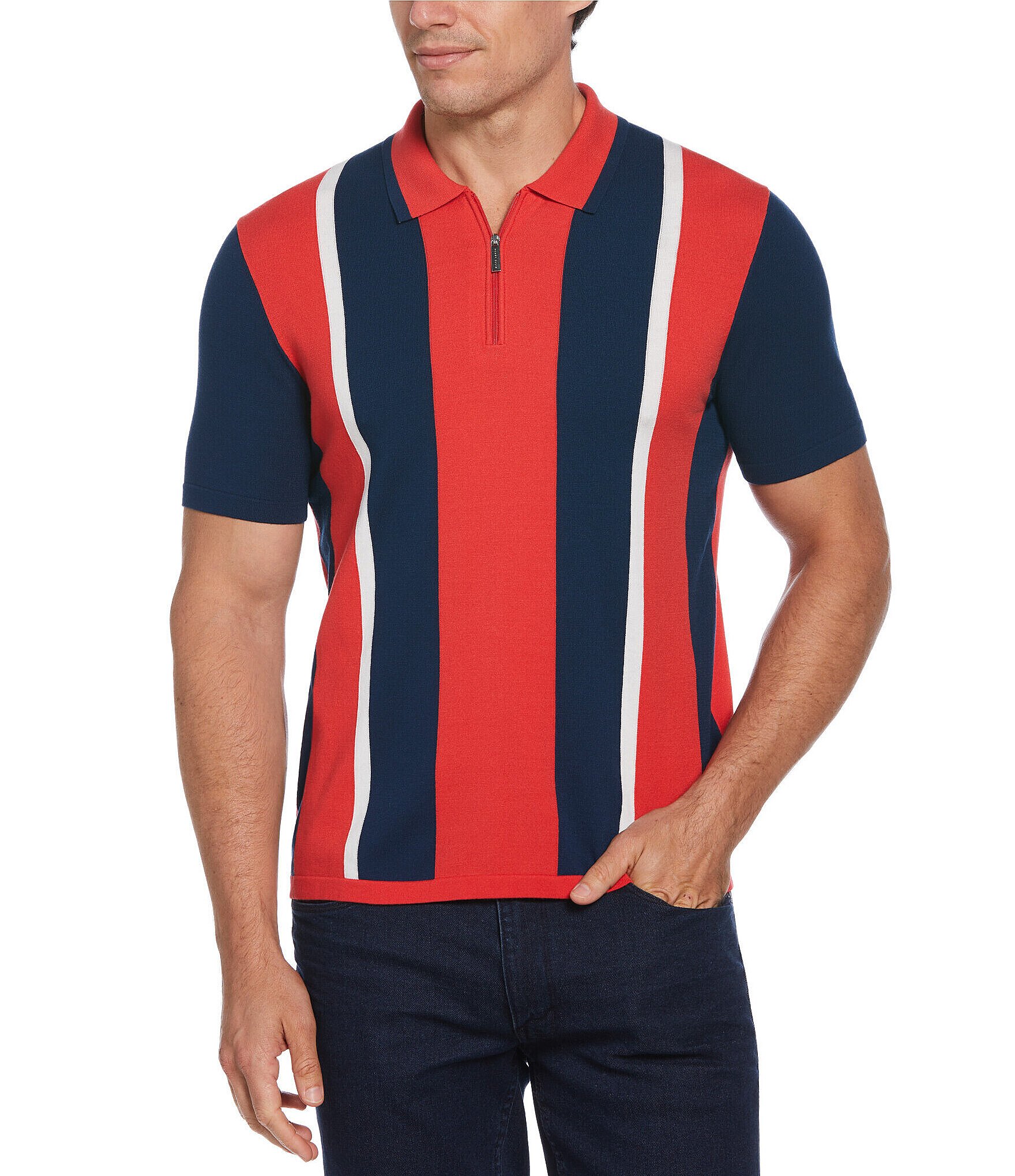 Perry Ellis Multi Stripe Quarter-Zip Short Sleeve Polo Shirt