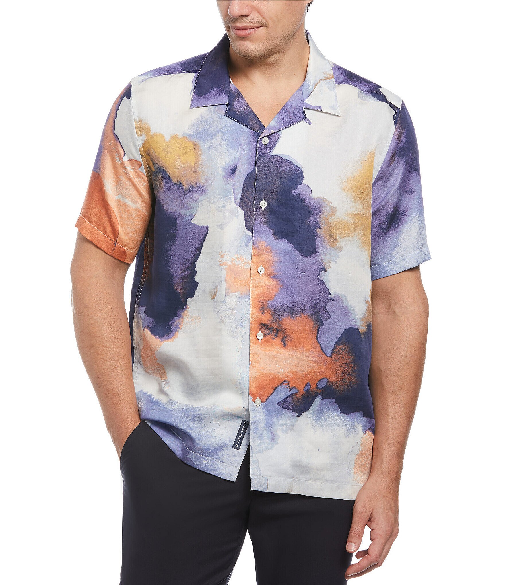 Perry Ellis Satin Watercolor Print Short Sleeve Woven Camp Shirt