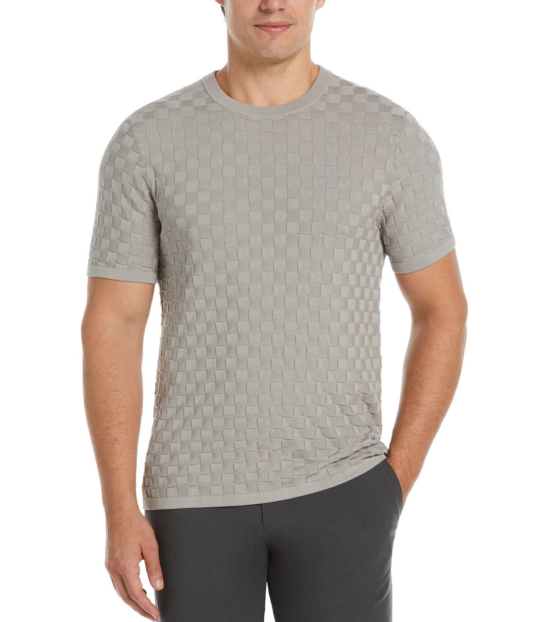 Perry Ellis Short Sleeve Textured Square Pattern Sweater