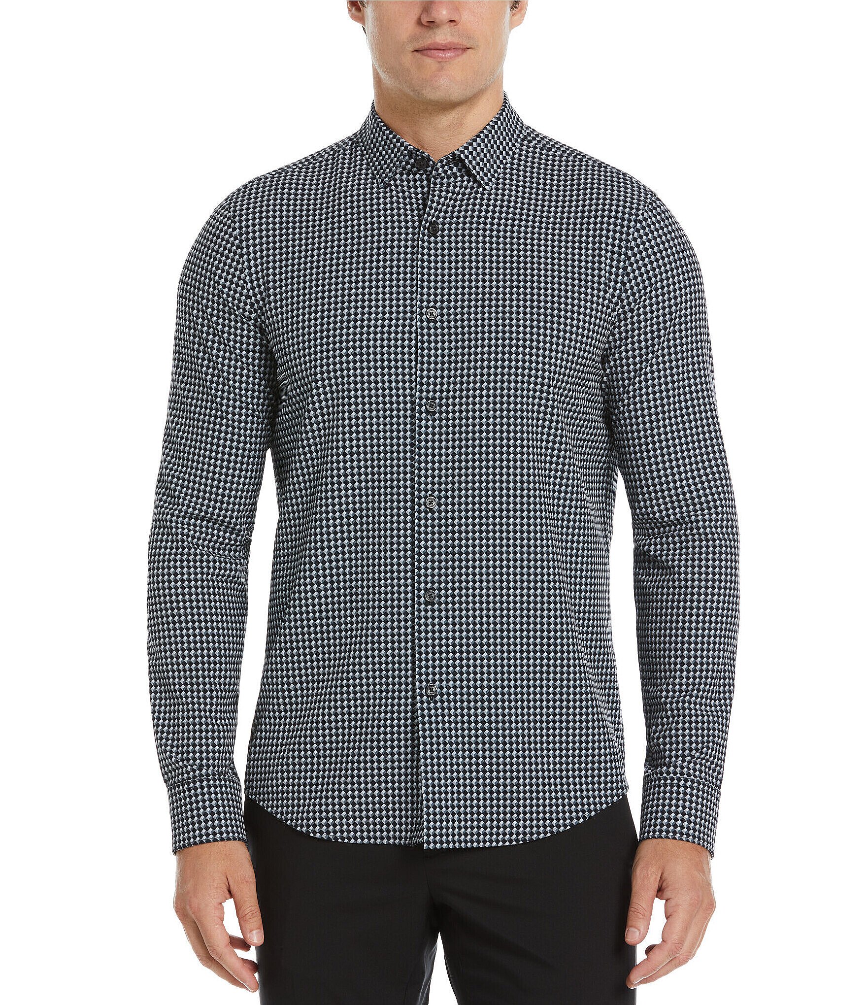 Perry Ellis Slim Fit Stretch Geo Print Long Sleeve Woven Shirt