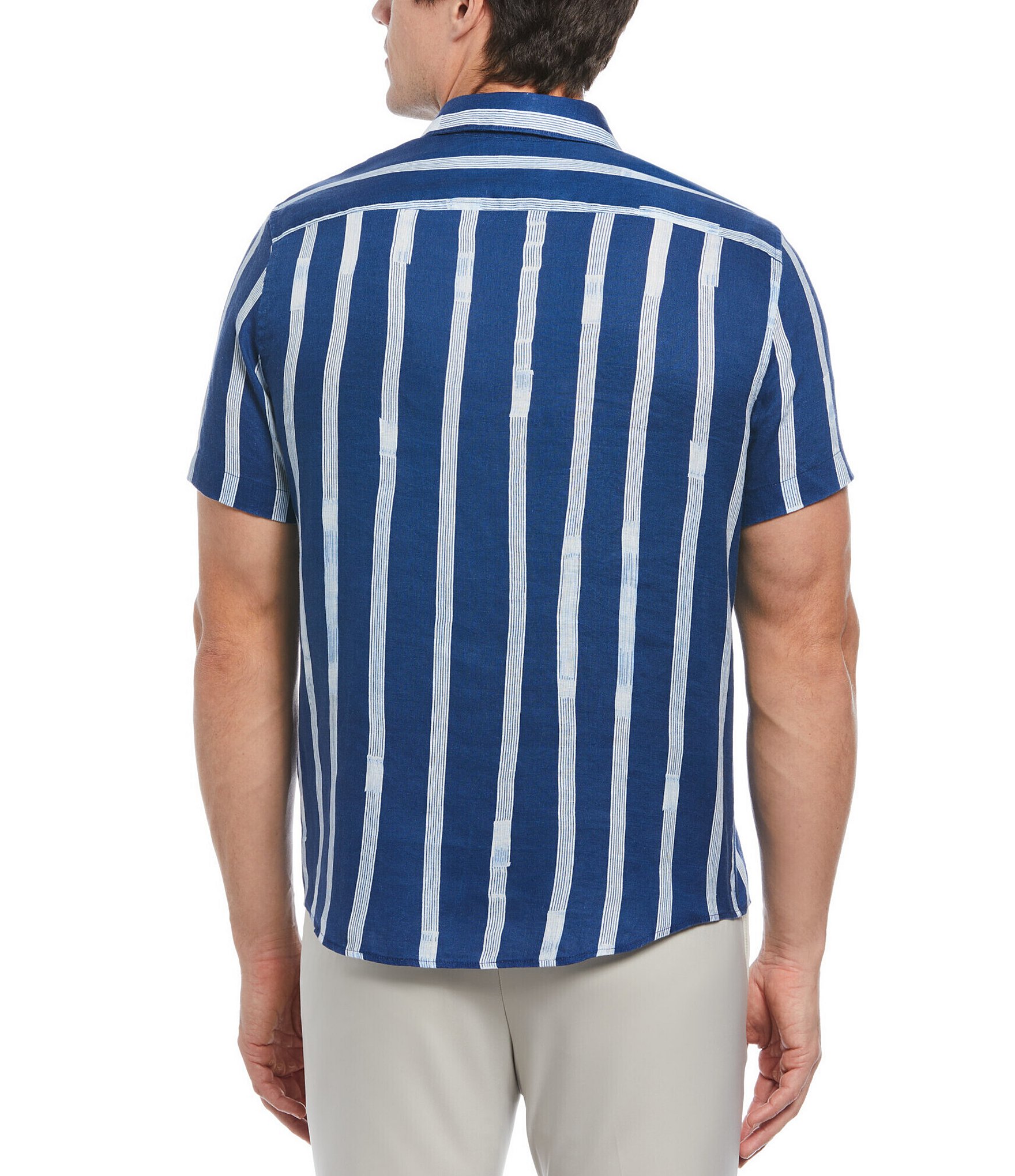 Perry Ellis Stretch Paint Stripe Line Short Sleeve Woven Shirt