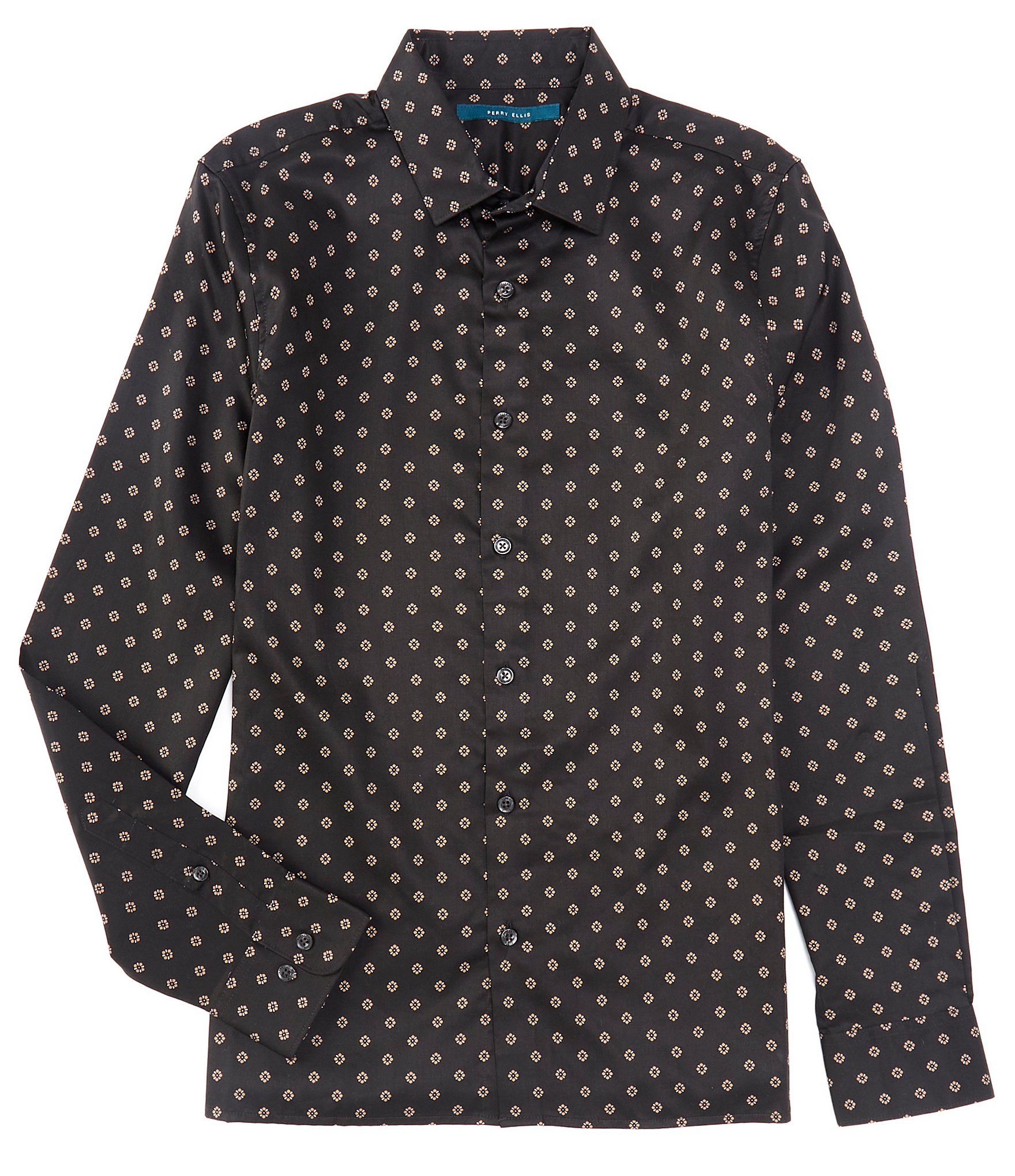 Perry Ellis Stretch Sateen Geo Dot Print Long Sleeve Woven Shirt