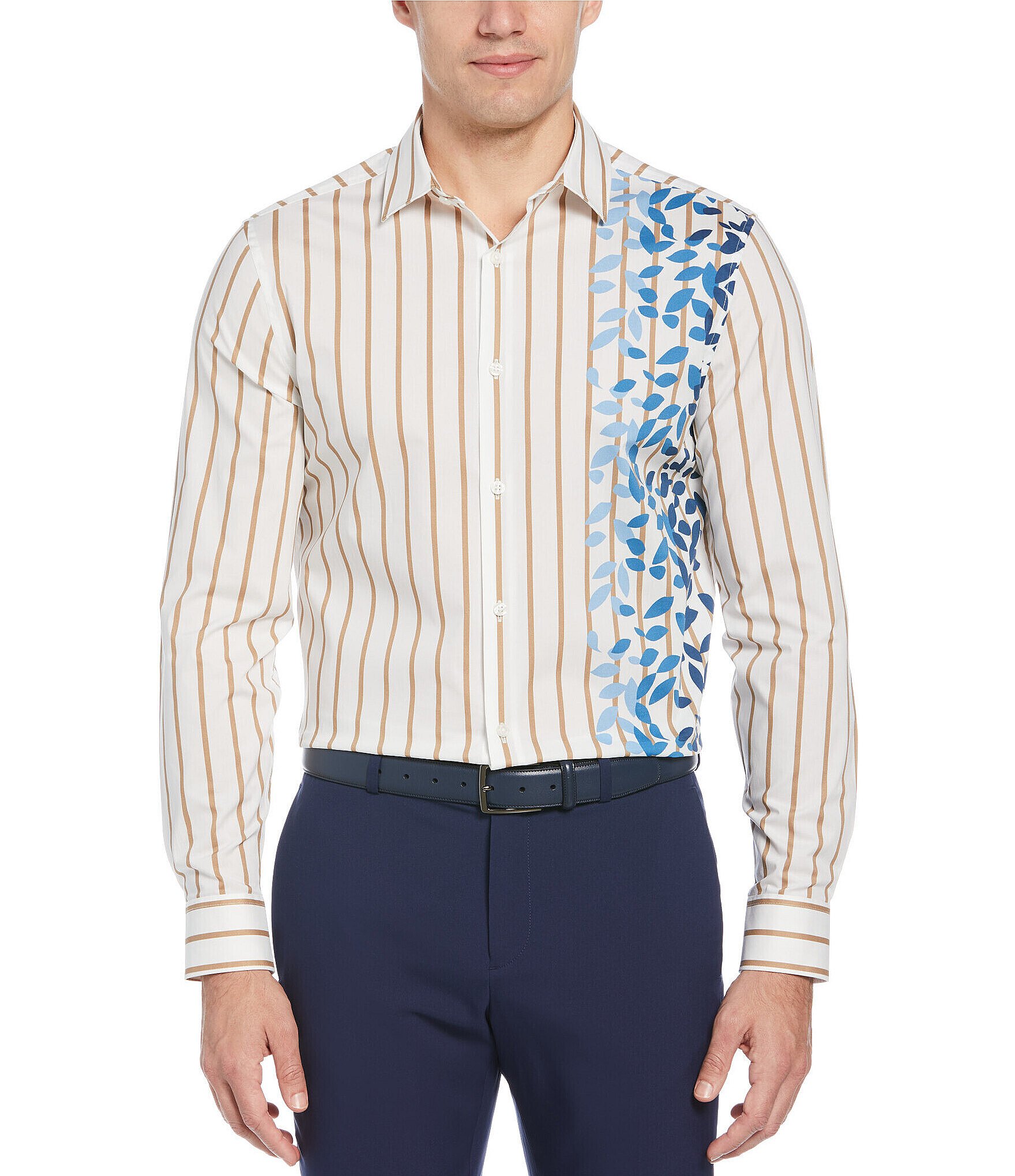 Perry Ellis Stripe Floral Stretch Long-Sleeve Woven Shirt | Dillard's
