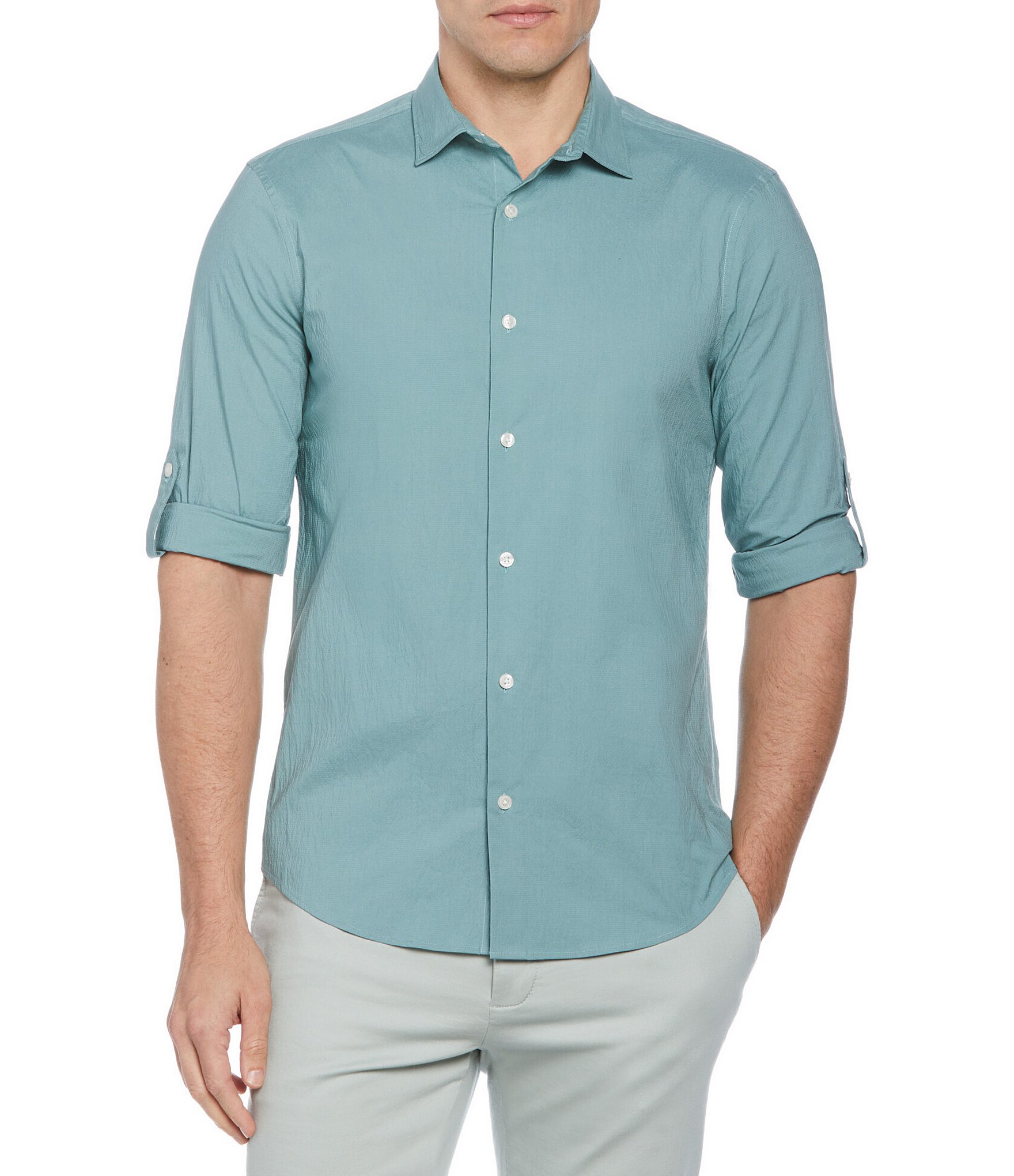 Perry Ellis Textured Roll Sleeve Woven Shirt | Dillard's