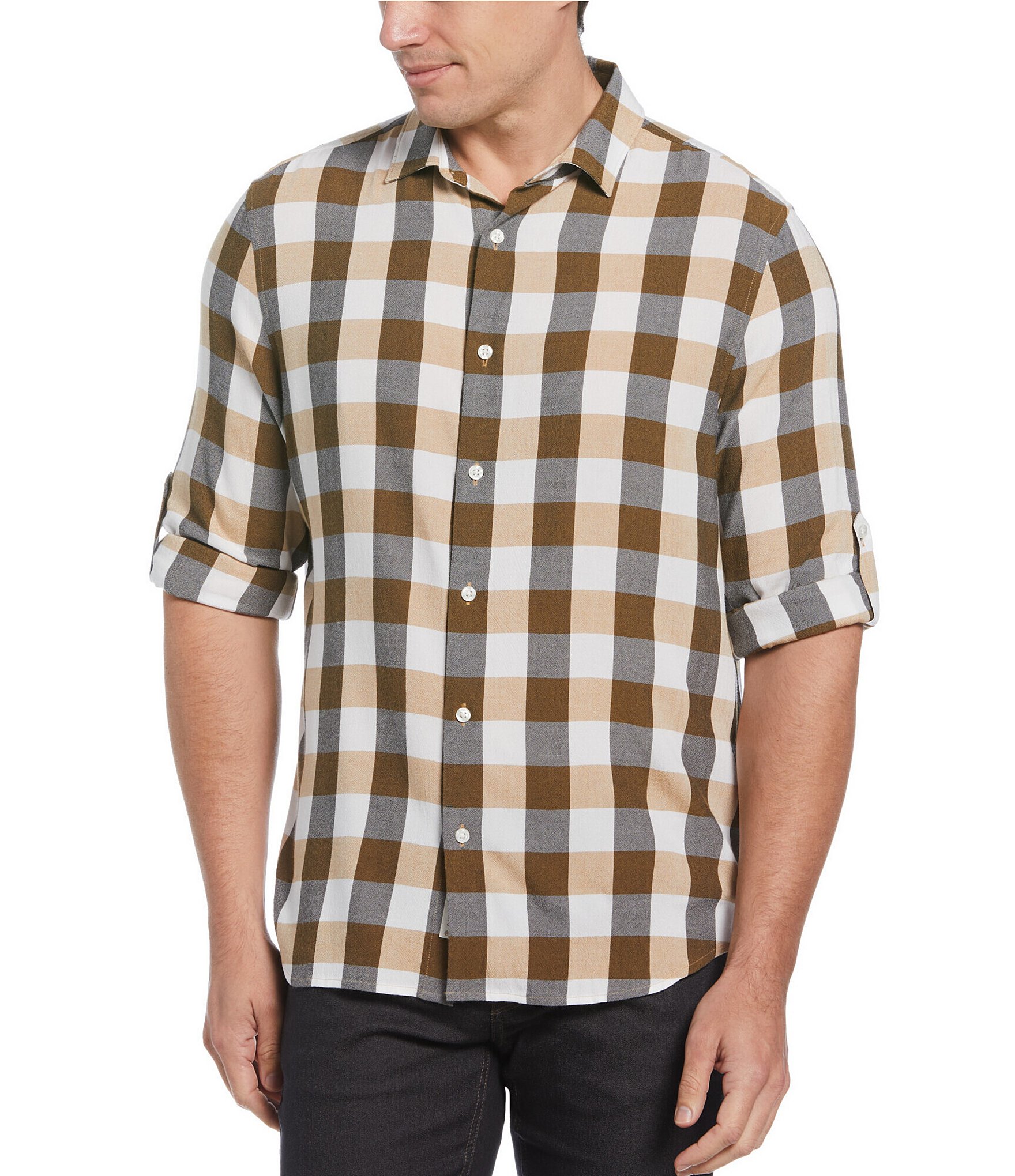 Perry Ellis Untucked Roll-Sleeve Dobby Check Long-Sleeve Woven Shirt ...