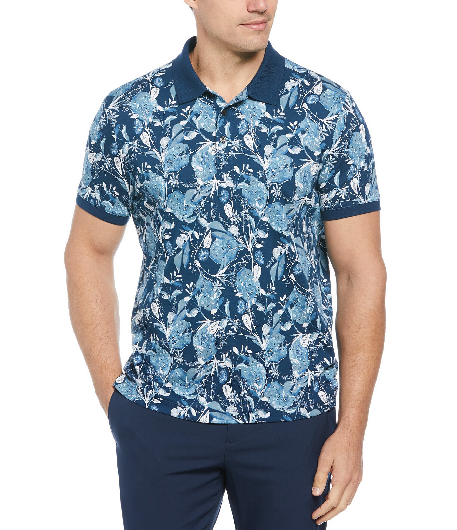 Perry Ellis Wildflower Print Short Sleeve Interlock Polo Shirt