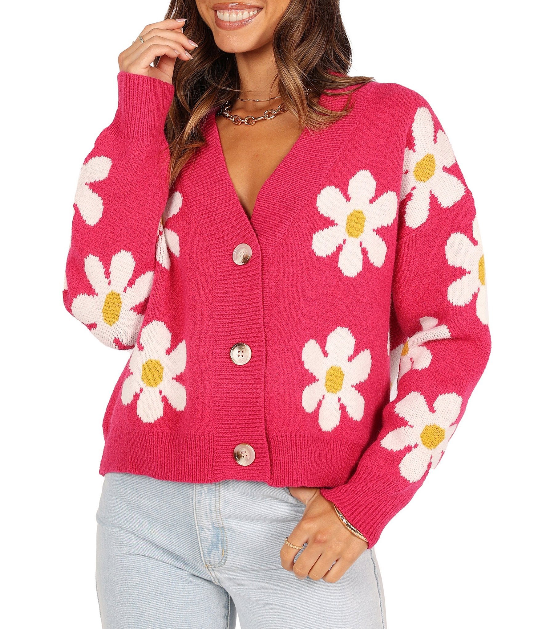 Petal & Pup Daisy Print V Neck Button Front Long Sleeve Cardigan