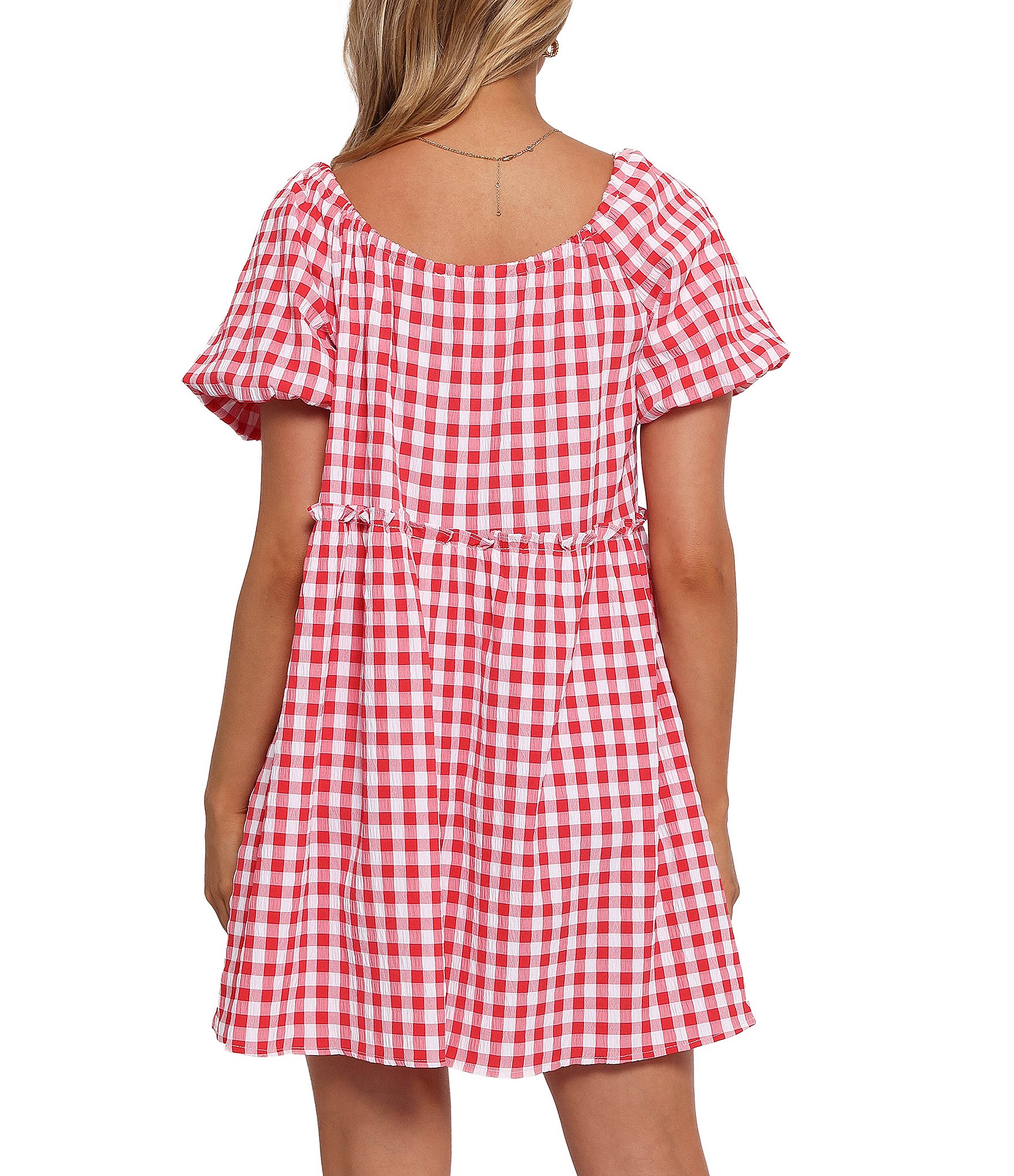 Petal & Pup Dorothea Gingham Round Neck Short Puff Smocked Ruffle Hem Mini Dress
