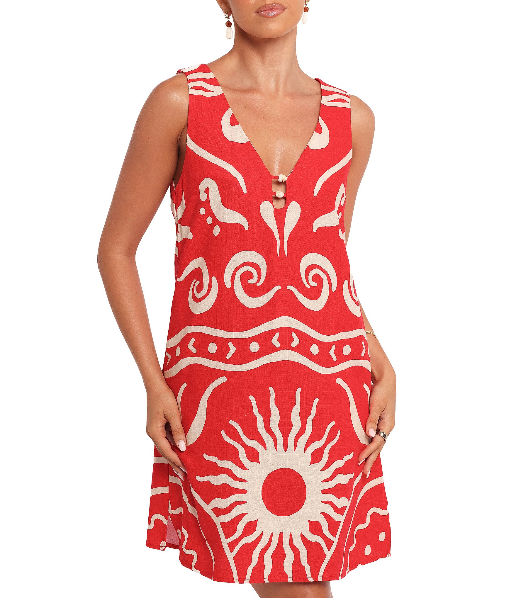 Petal & Pup Glulla Summer Motif V-Neck Sleeveless Beaded Cut-Out Mini Dress