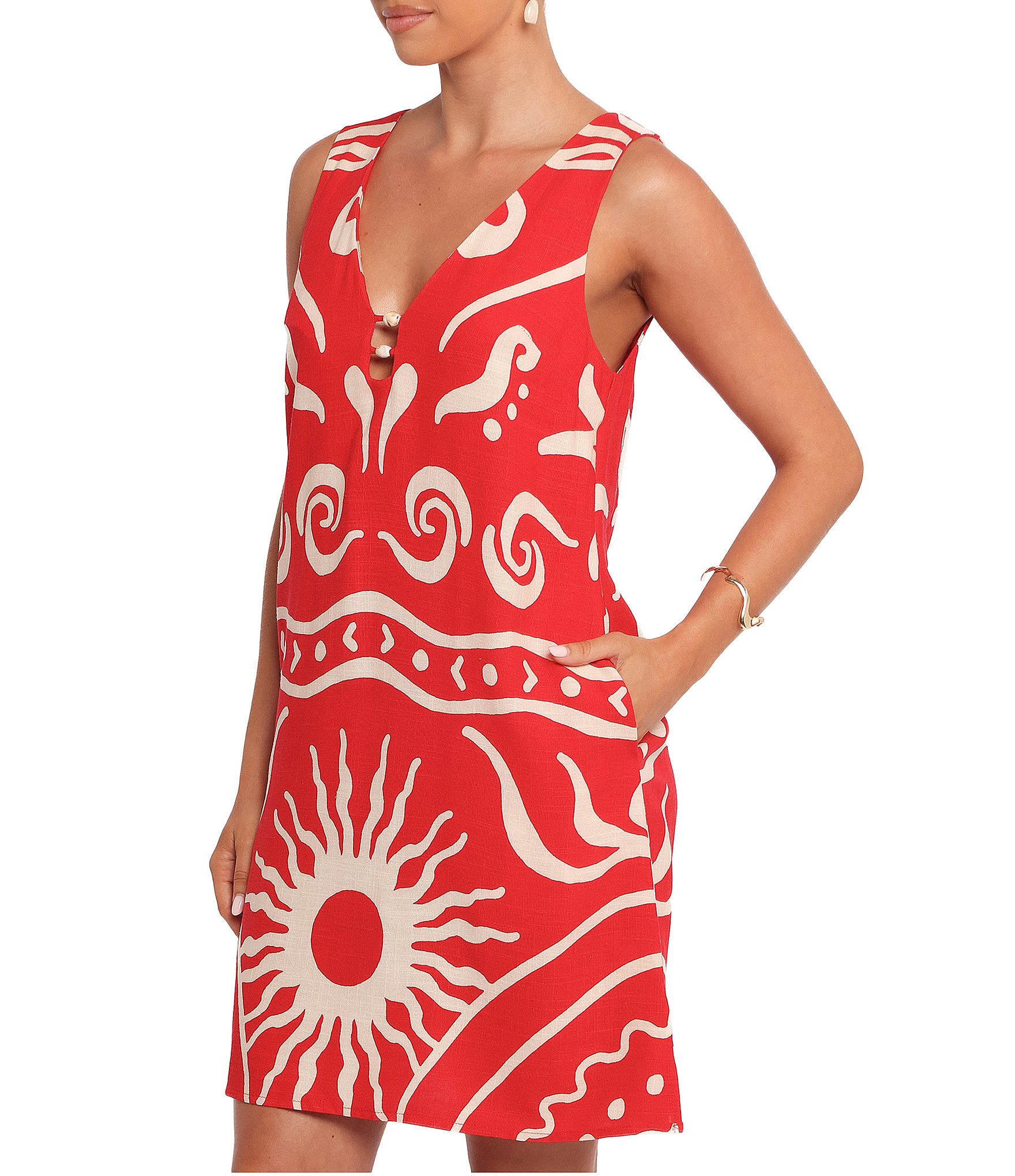 Petal & Pup Glulla Summer Motif V-Neck Sleeveless Beaded Cut-Out Mini Dress