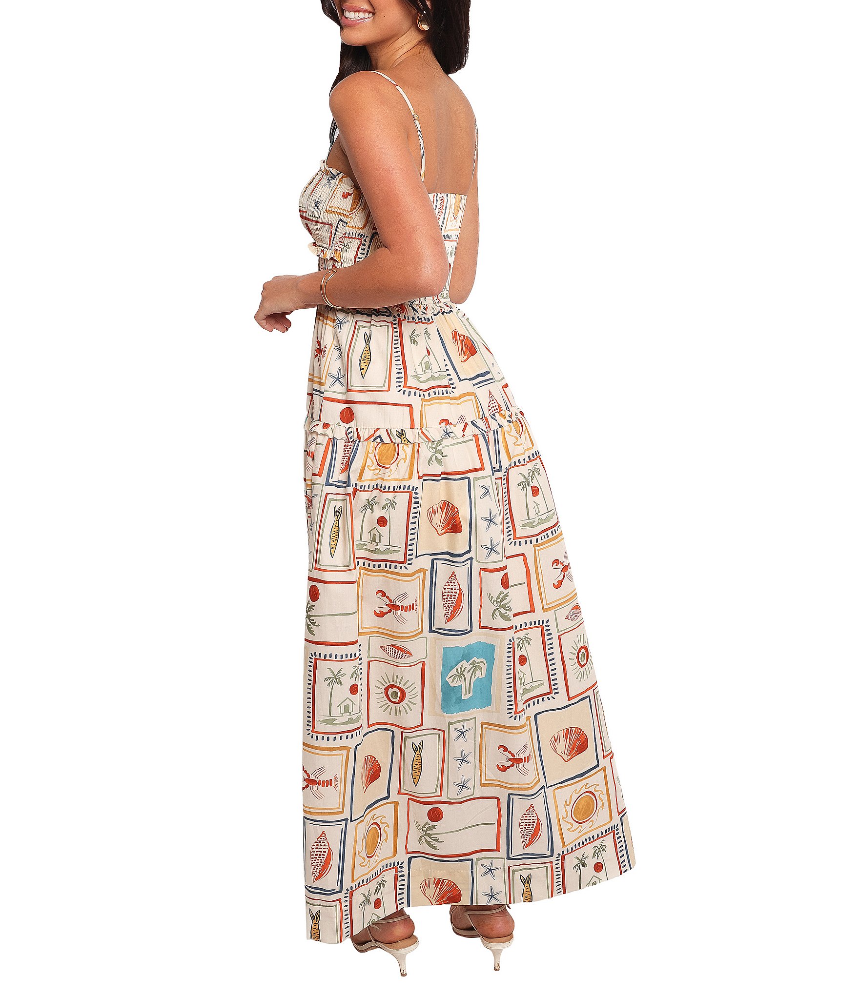 Petal & Pup Hana Sardinia Print Sweetheart Neck Sleeveless Cut-Out Shirred Maxi Dress