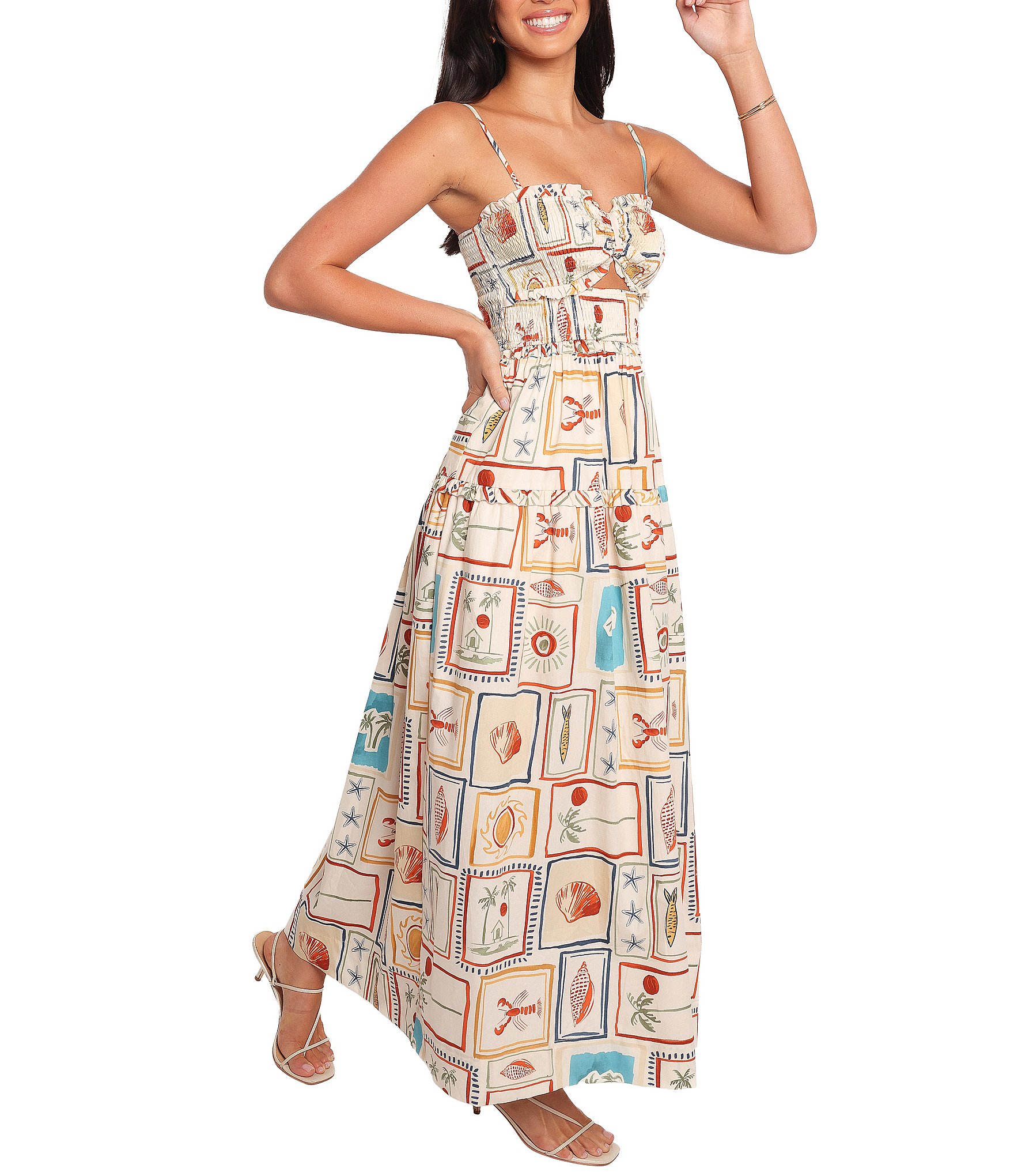 Petal & Pup Hana Sardinia Print Sweetheart Neck Sleeveless Cut-Out Shirred Maxi Dress