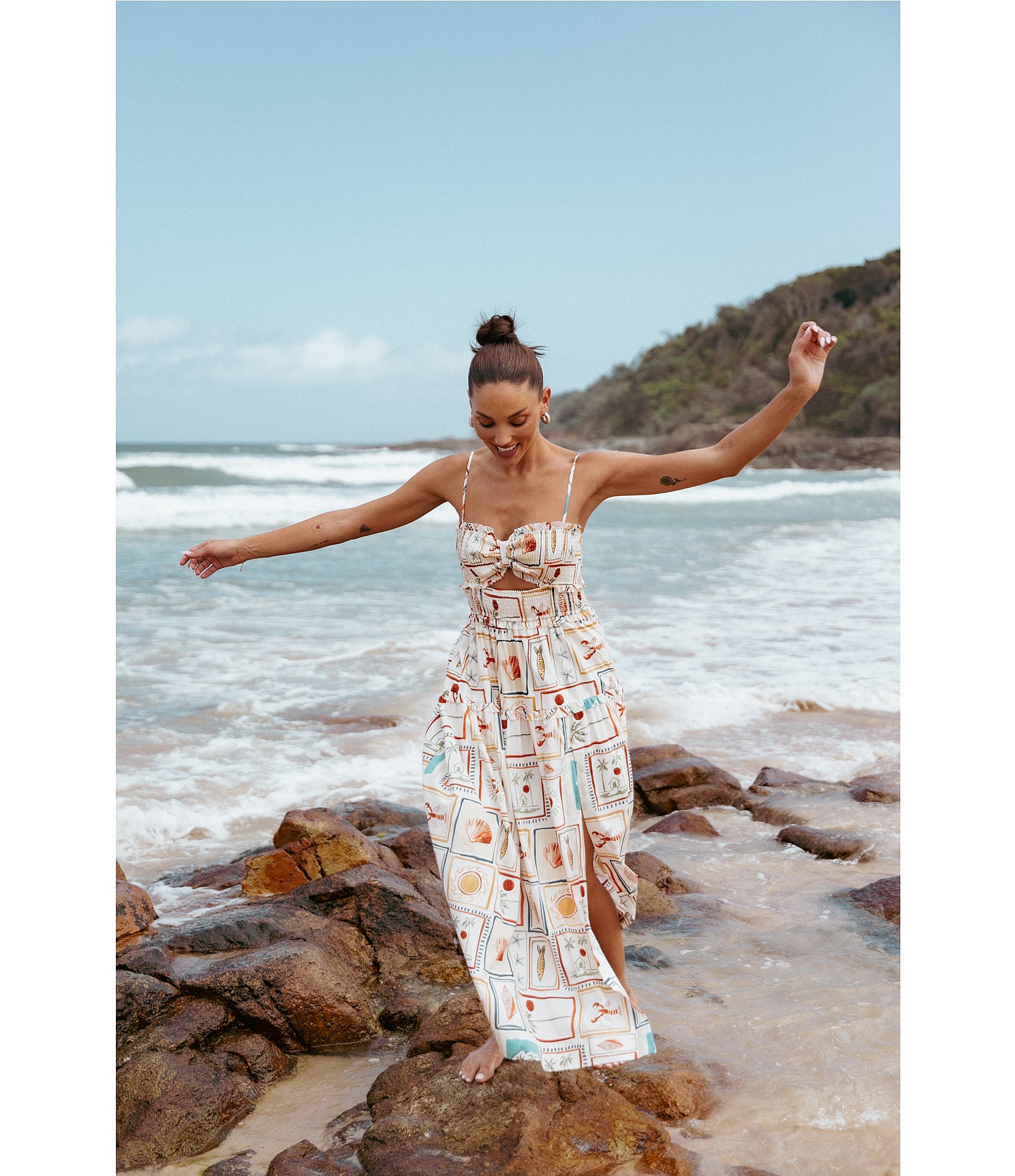 Petal & Pup Hana Sardinia Print Sweetheart Neck Sleeveless Cut-Out Shirred Maxi Dress