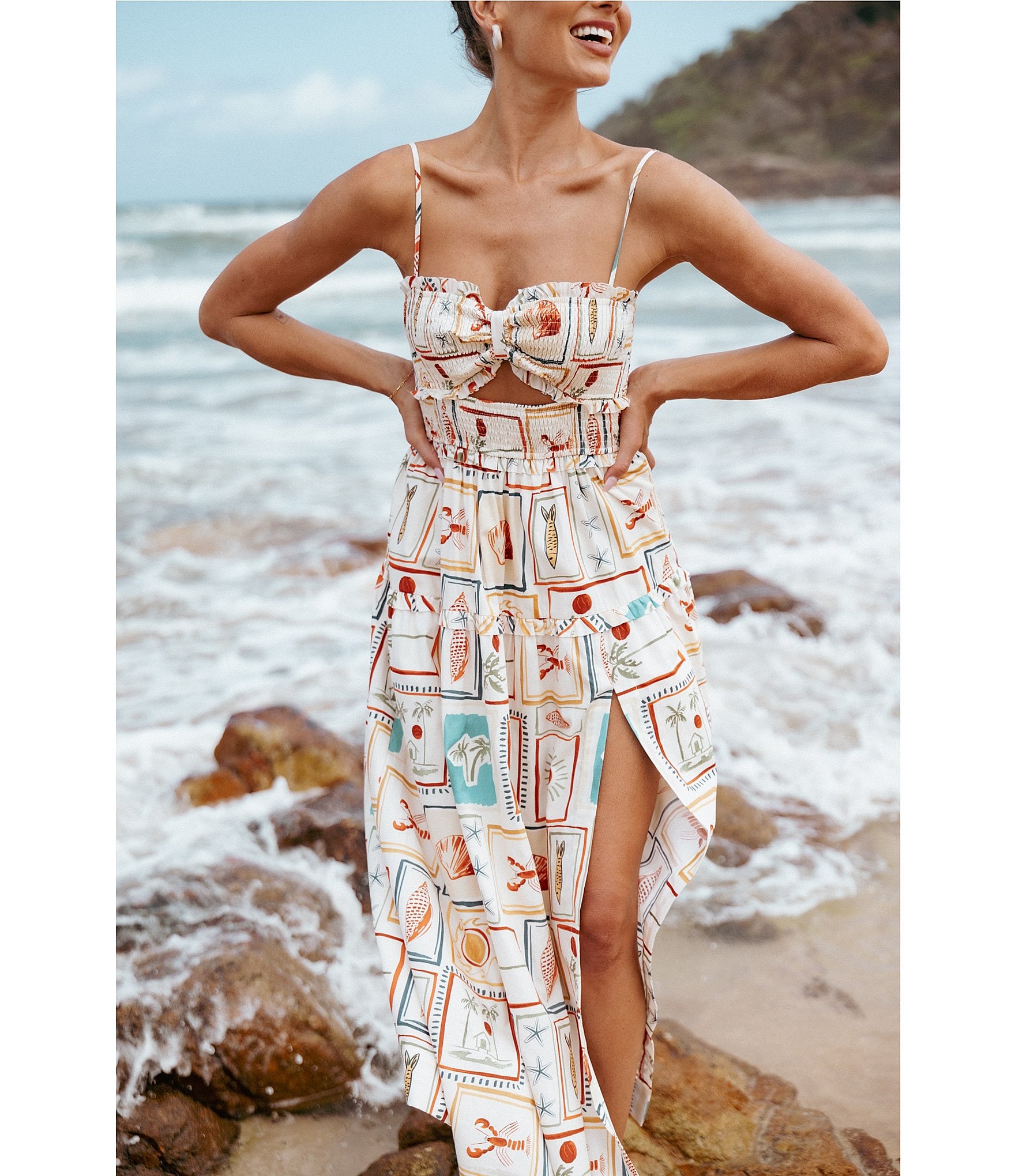 Petal & Pup Hana Sardinia Print Sweetheart Neck Sleeveless Cut-Out Shirred Maxi Dress