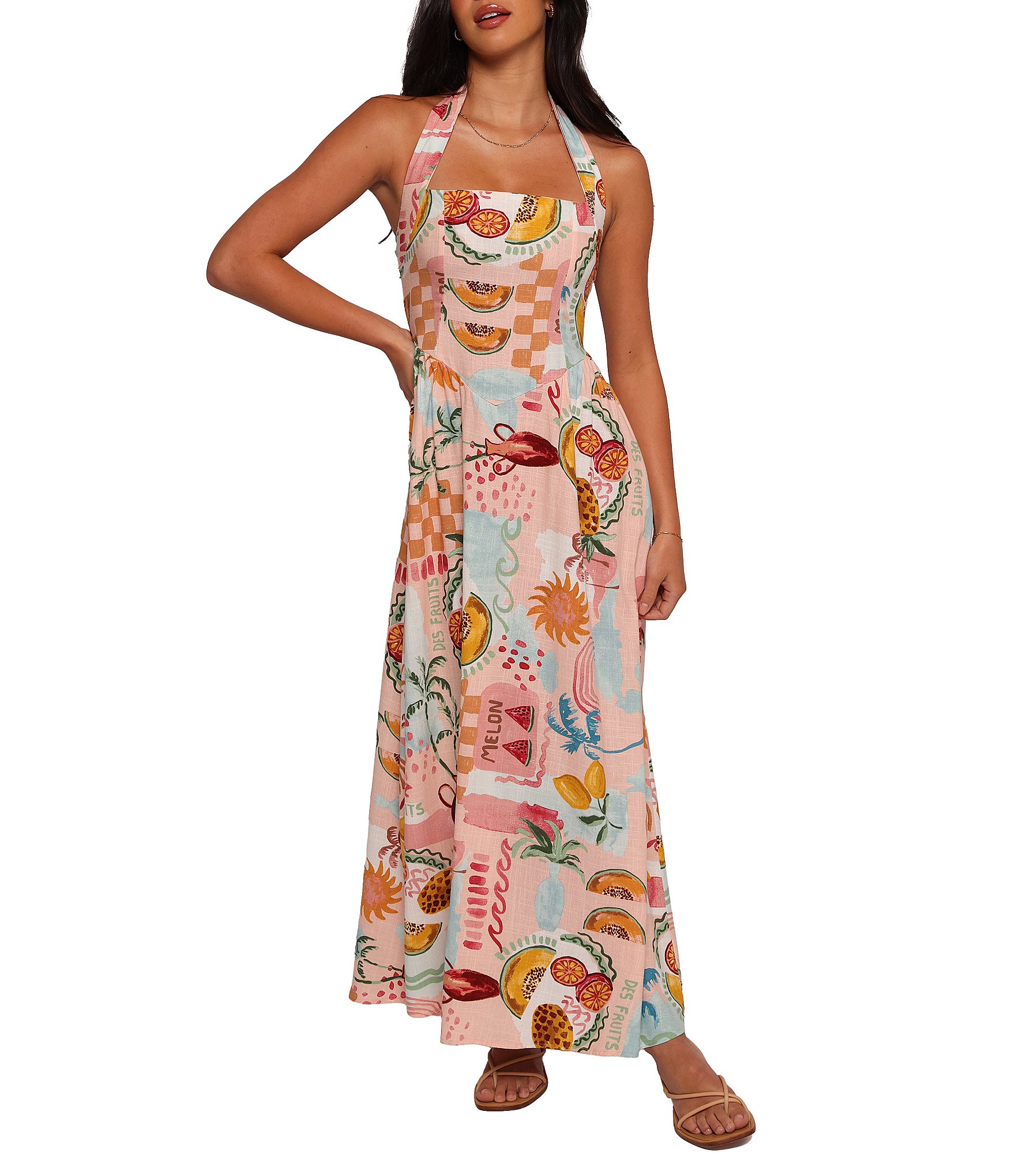 Petal & Pup Kiera Linen Blend Summer Fruit Print Halter Neck Sleeveless Midi Dress