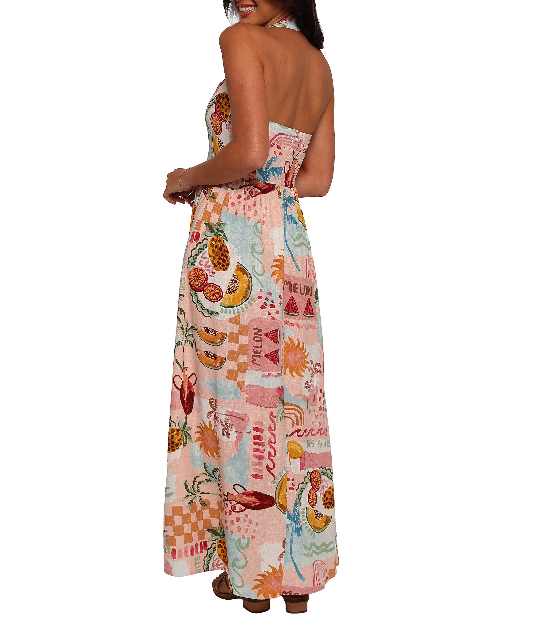 Petal & Pup Kiera Linen Blend Summer Fruit Print Halter Neck Sleeveless Midi Dress