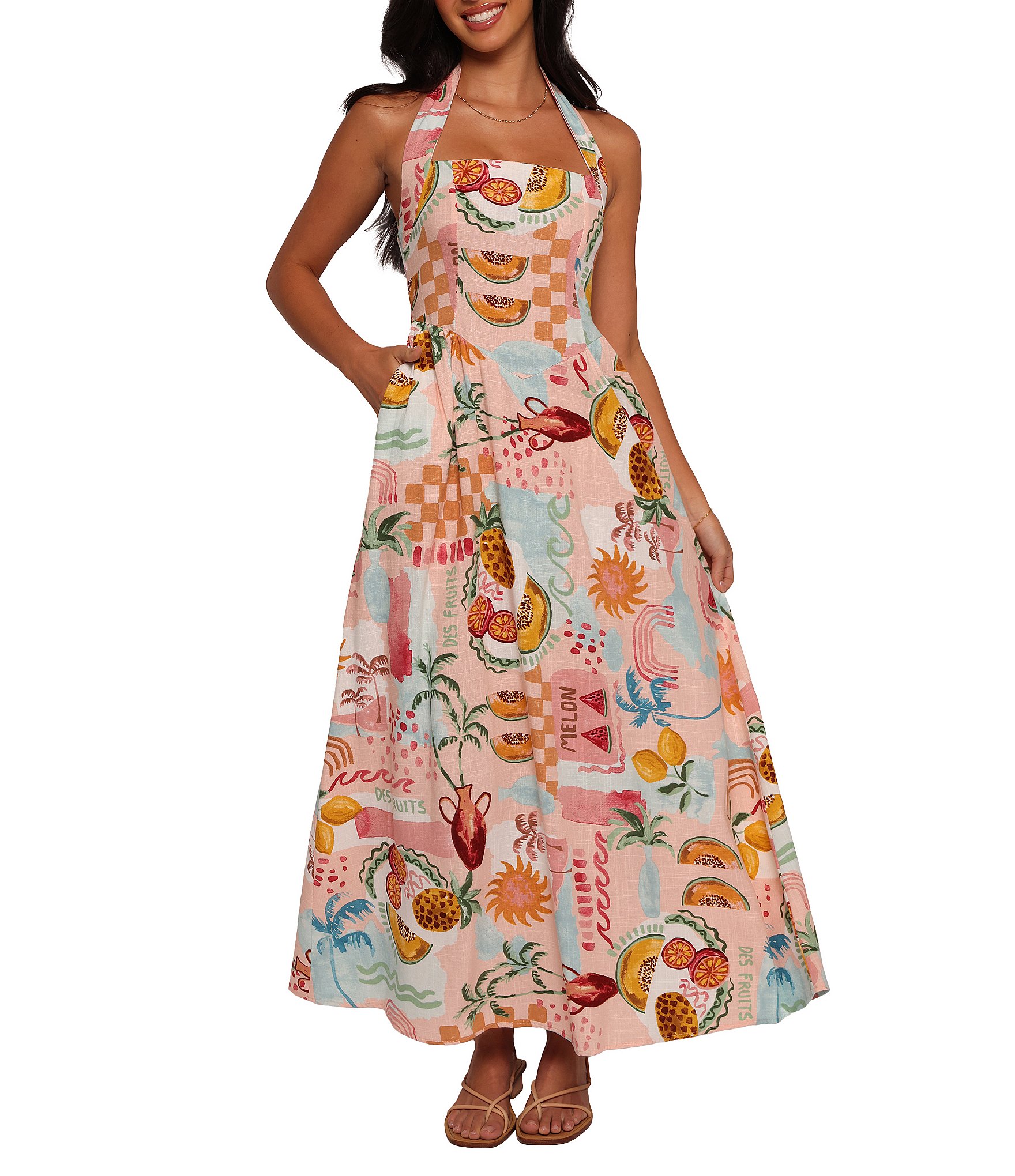 Petal & Pup Kiera Linen Blend Summer Fruit Print Halter Neck Sleeveless Midi Dress
