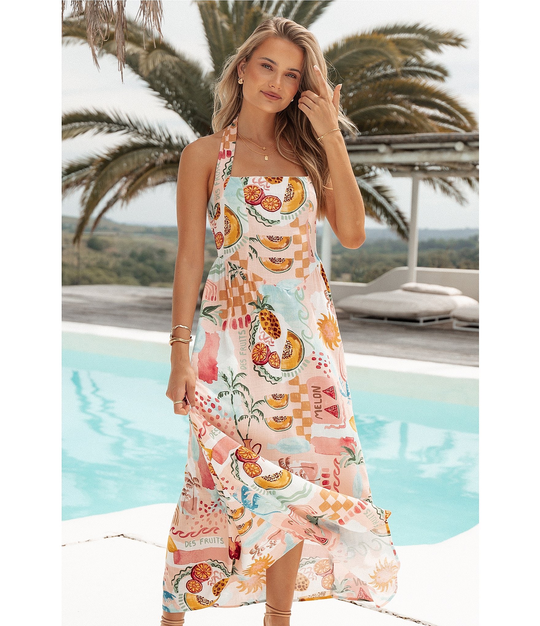 Petal & Pup Kiera Linen Blend Summer Fruit Print Halter Neck Sleeveless Midi Dress