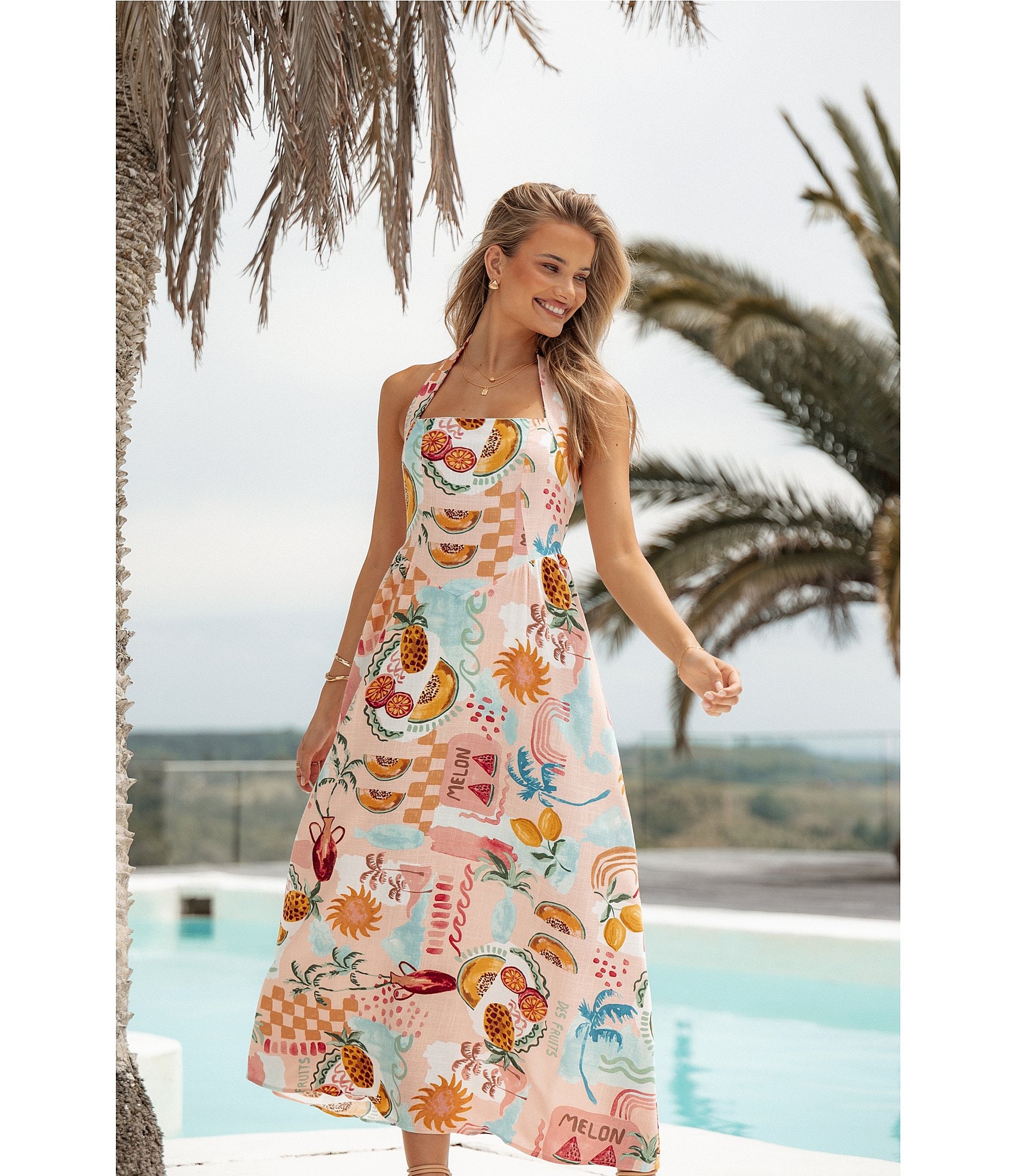 Petal & Pup Kiera Linen Blend Summer Fruit Print Halter Neck Sleeveless Midi Dress