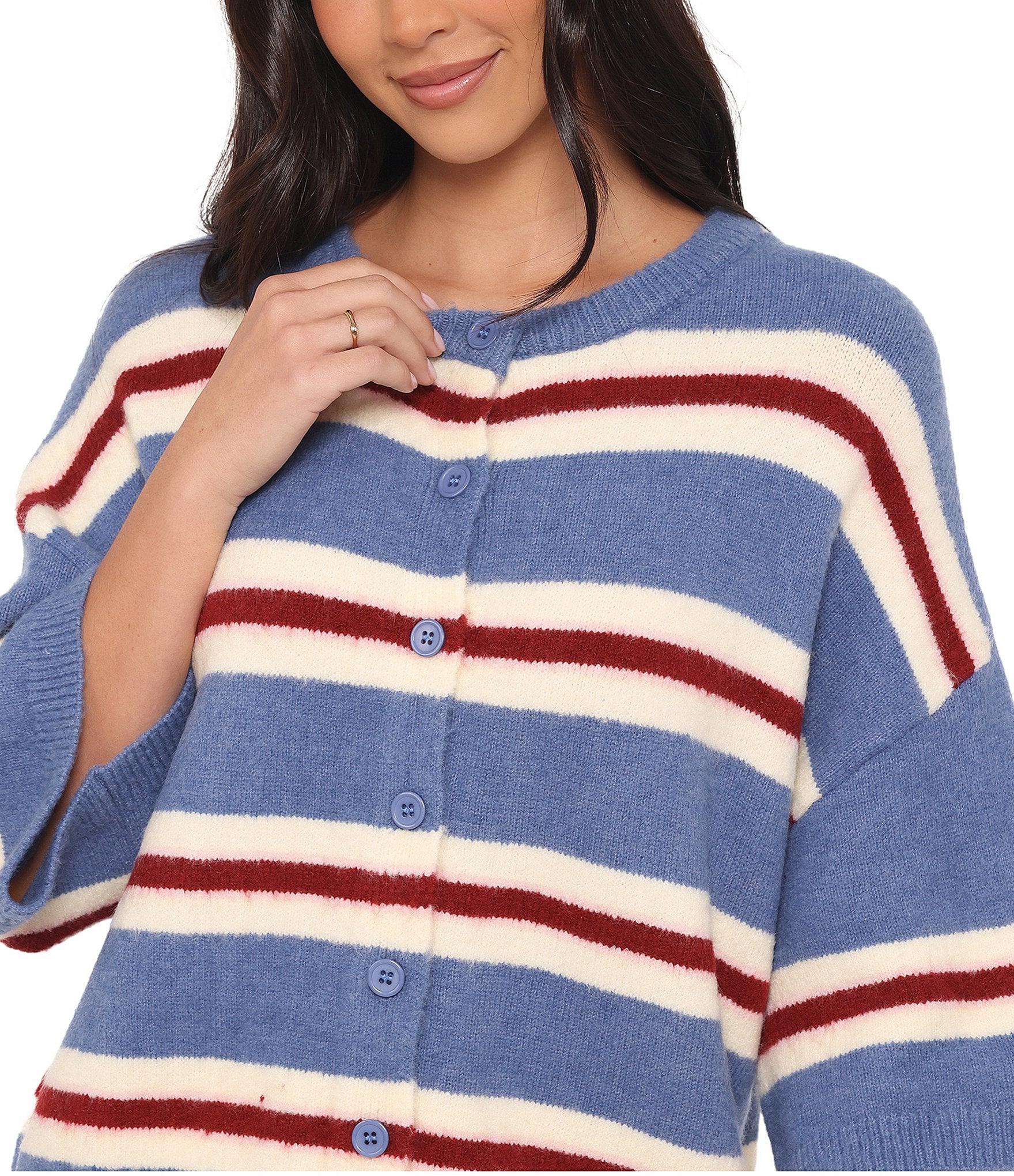 Petal & Pup Lilith Stripe Round Neck Short Sleeve Button Front Knit Sweater Top