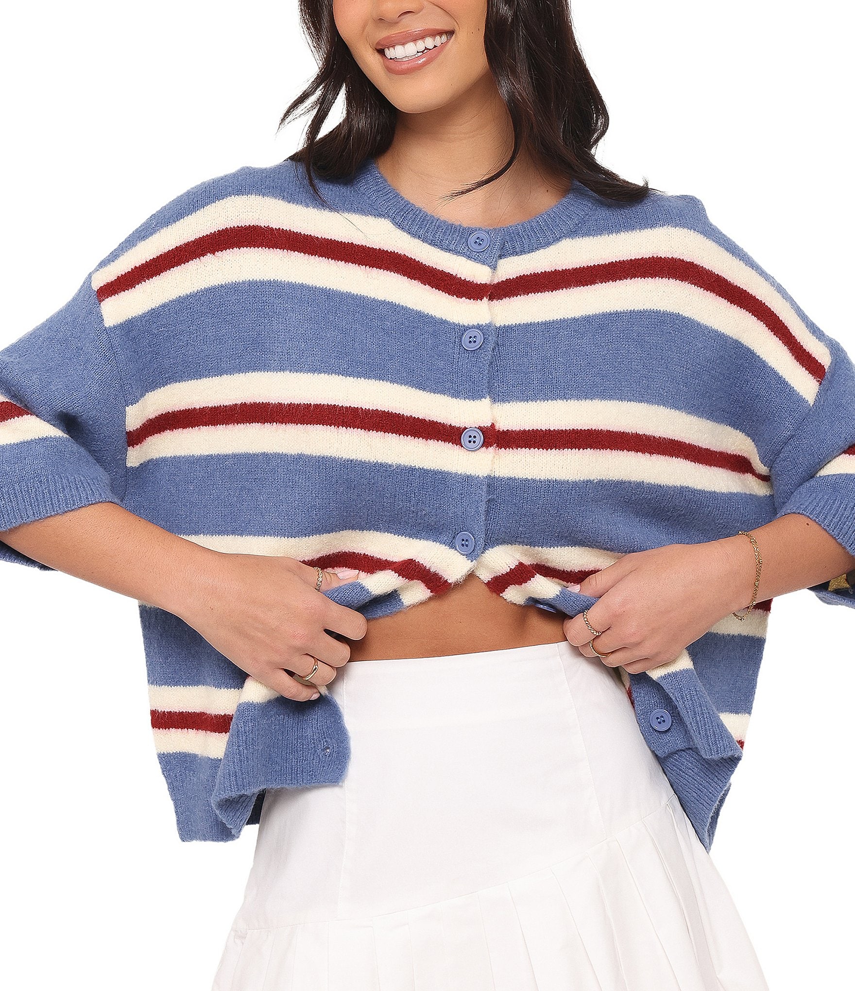 Petal & Pup Lilith Stripe Round Neck Short Sleeve Button Front Knit Sweater Top