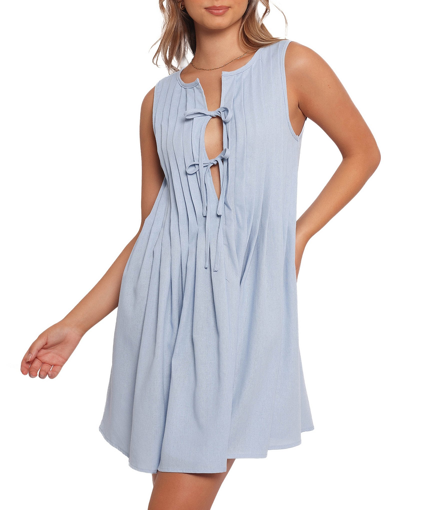 Petal & Pup Madeline Linen Blend Round Neck Pleated Tie Front Mini Dress