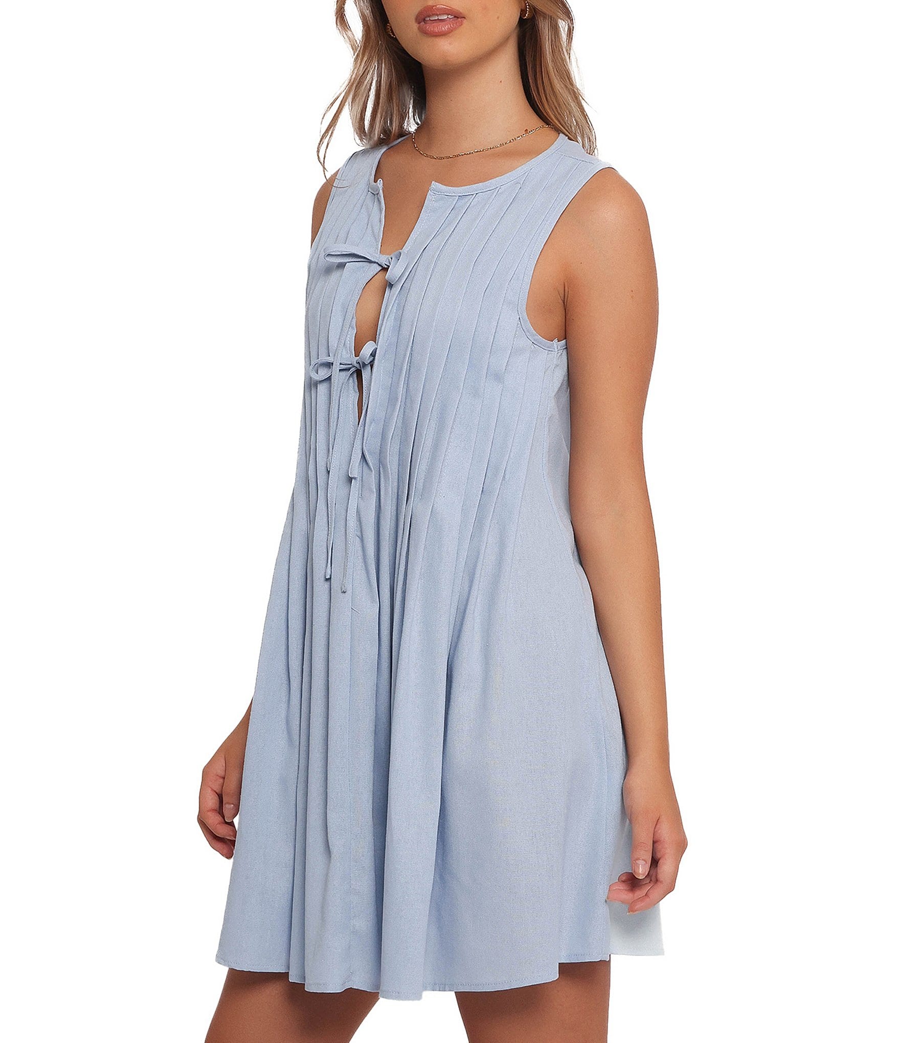 Petal & Pup Madeline Linen Blend Round Neck Pleated Tie Front Mini Dress
