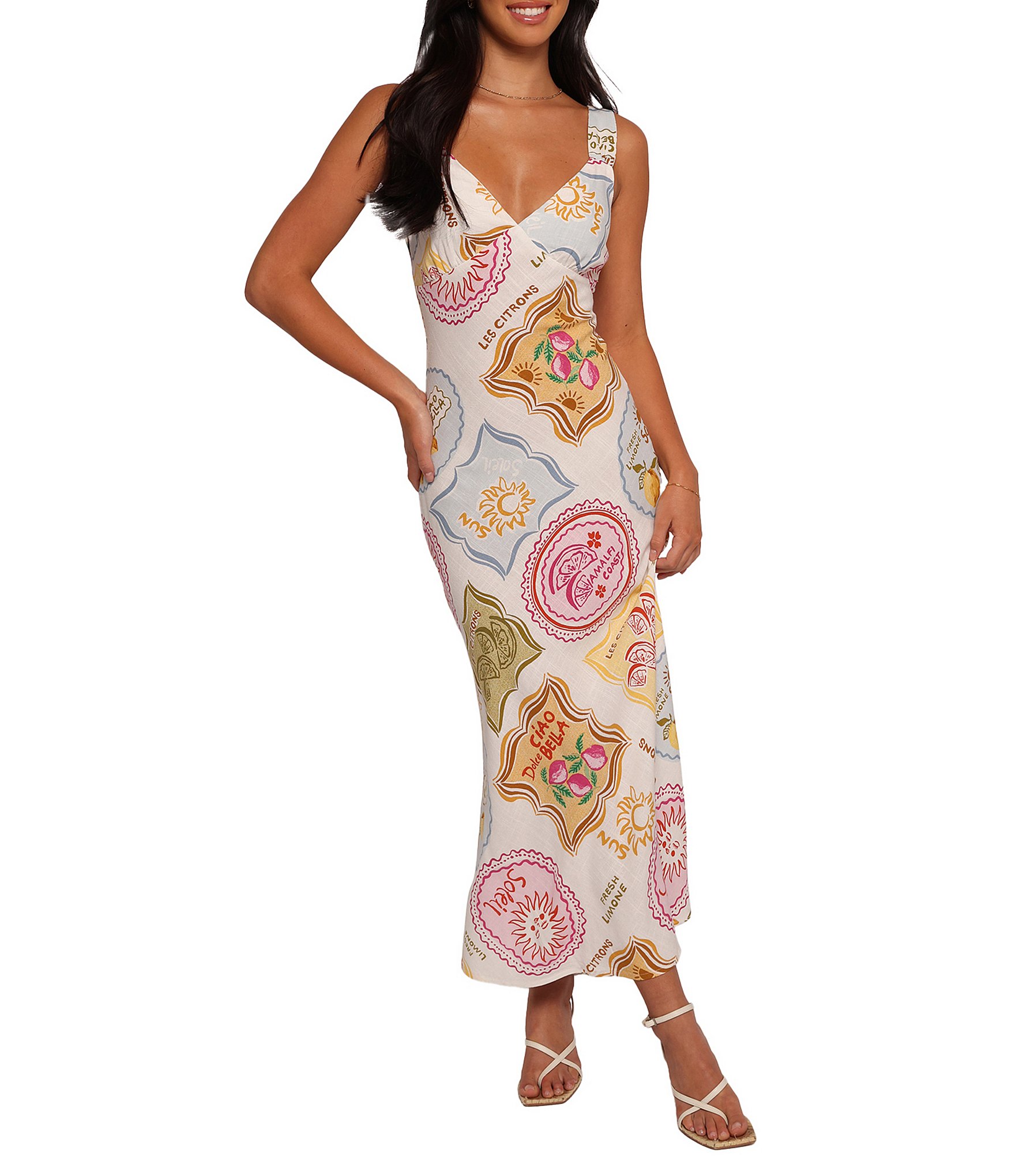 Petal & Pup Zinnia Linen Blend Printed V-Neck Sleeveless Slip Maxi Dress
