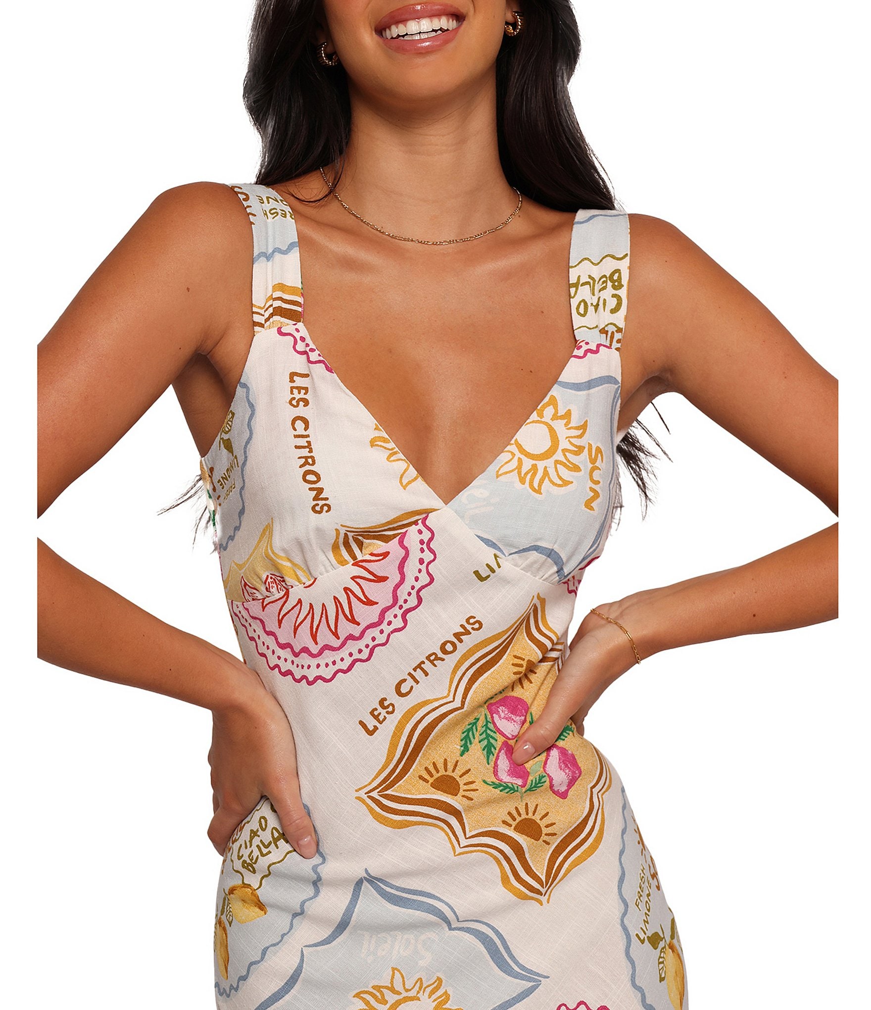 Petal & Pup Zinnia Linen Blend Printed V-Neck Sleeveless Slip Maxi Dress