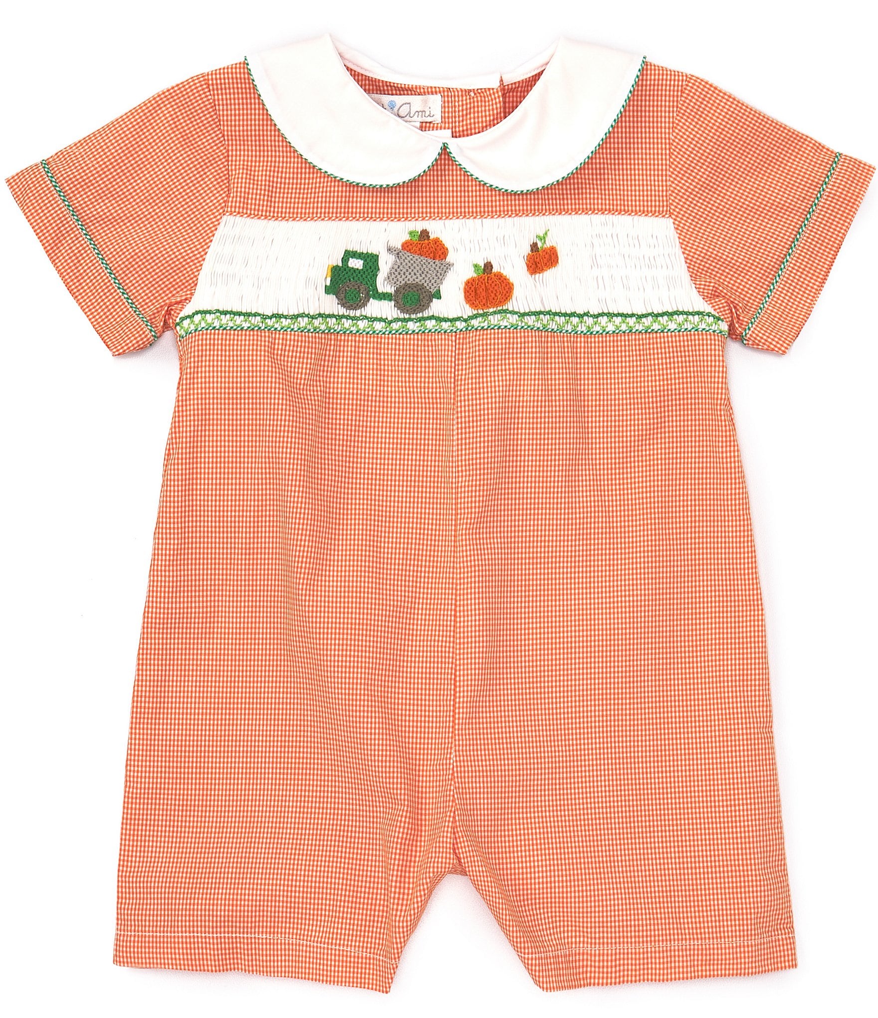 Petit Ami Baby Boys 12-24 Months Short Sleeve Checked Dump Truck/Pumpkin  Romper | Dillard's