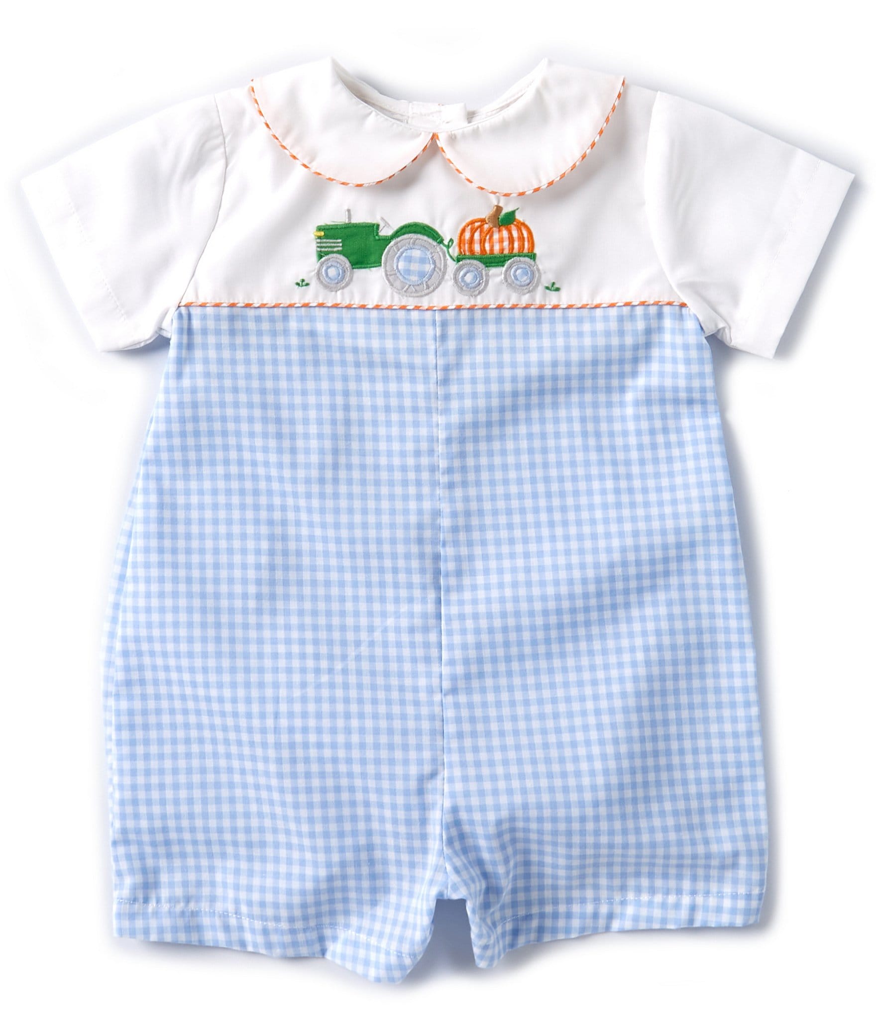 Petit Ami Baby Boys 3-24 Months Short Sleeve Solid Tractor Appliqued & Gingham Shortall