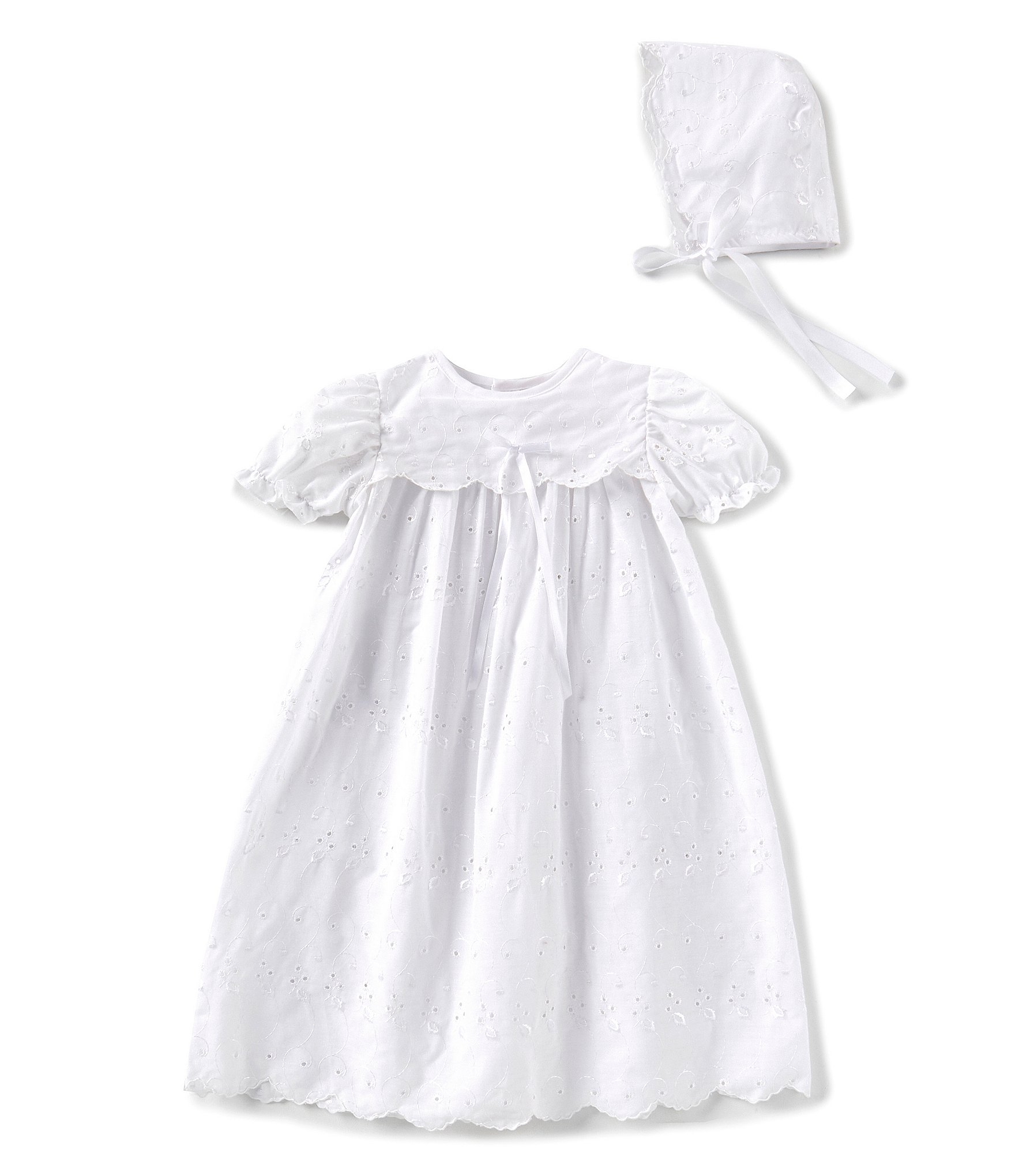 Petit Ami Baby Girls White Christening Gown with Square Collar and Embroidered 