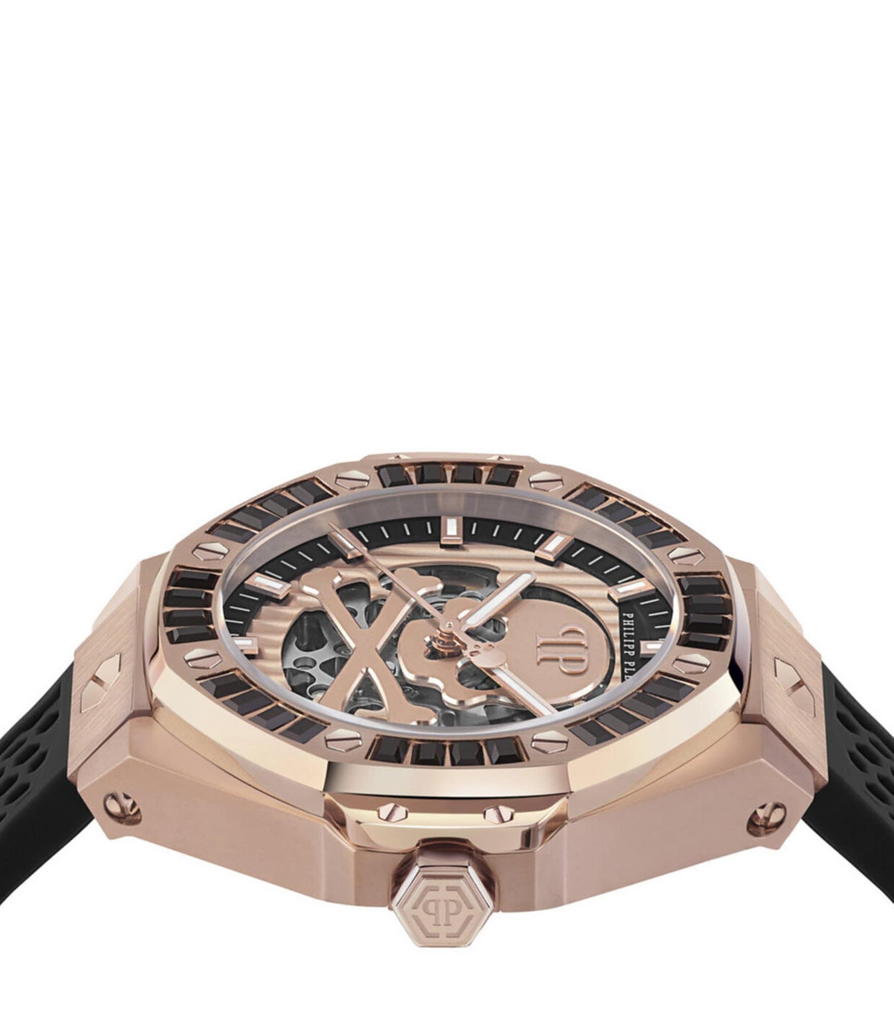 Philipp Plein Men's Plein Skeleton Royal Automatic Black and Rose Gold Silicone Strap Watch