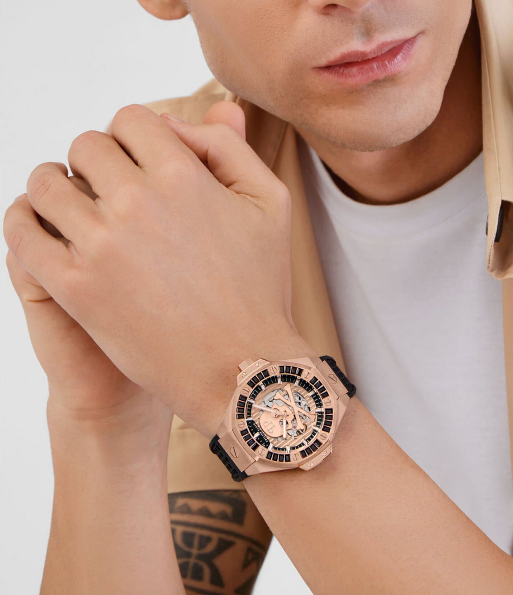 Philipp Plein Men's Plein Skeleton Royal Automatic Black and Rose Gold Silicone Strap Watch