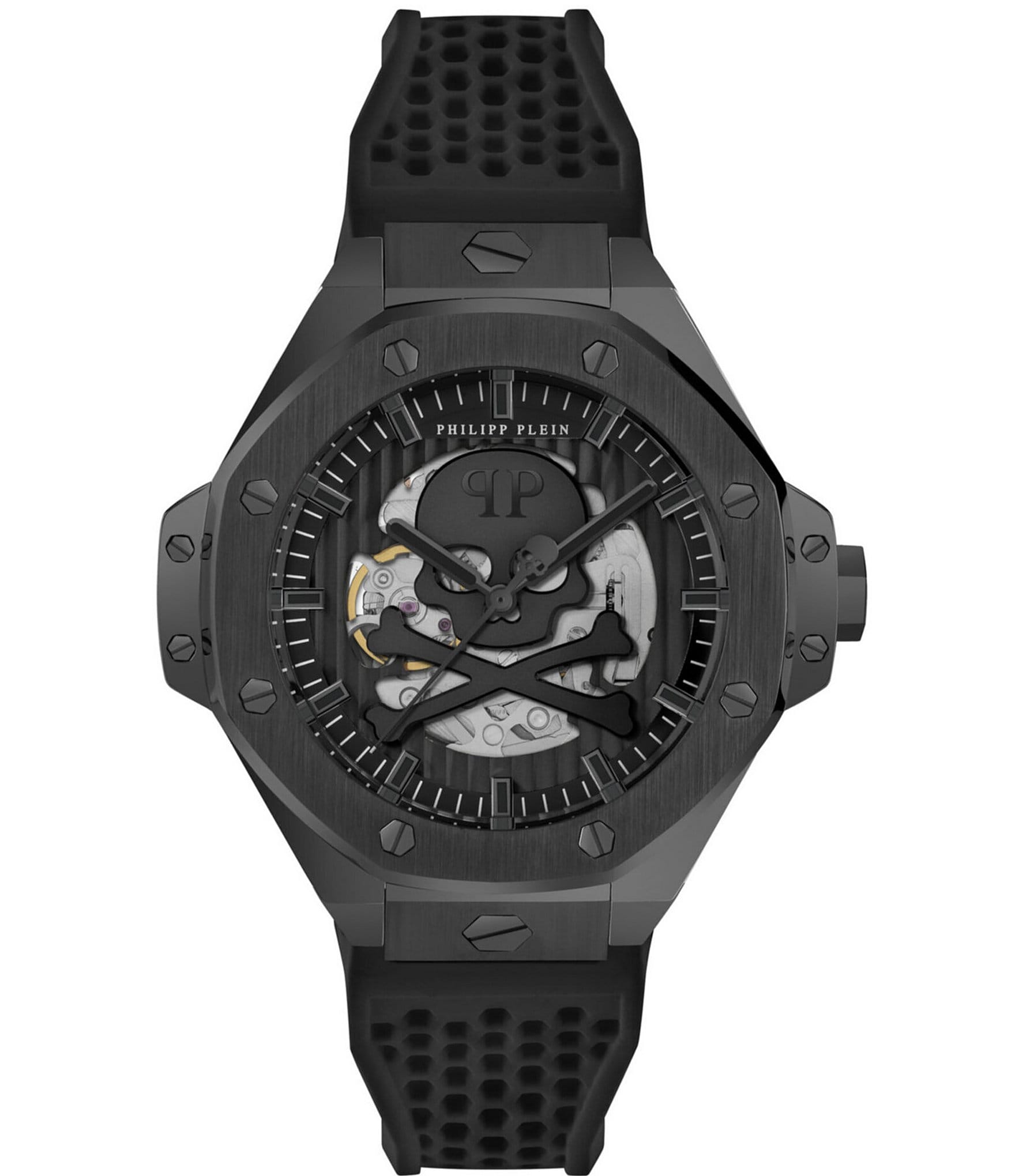 Philipp Plein Men's Plein Skeleton Royal Automatic Solid Black Silicone Strap Watch