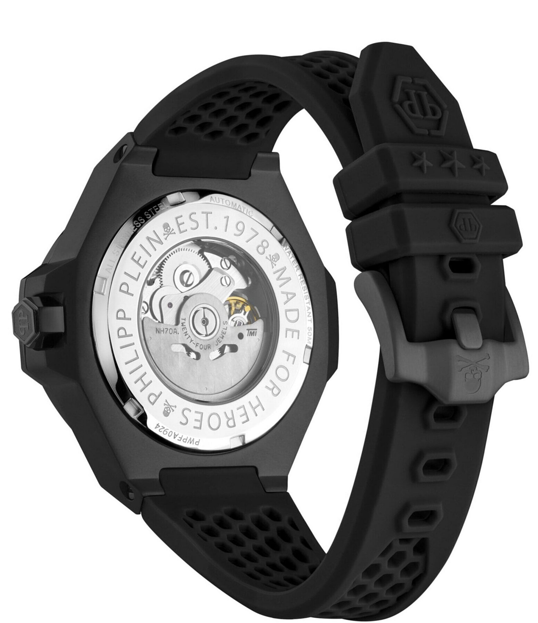 Philipp Plein Men's Plein Skeleton Royal Automatic Solid Black Silicone Strap Watch