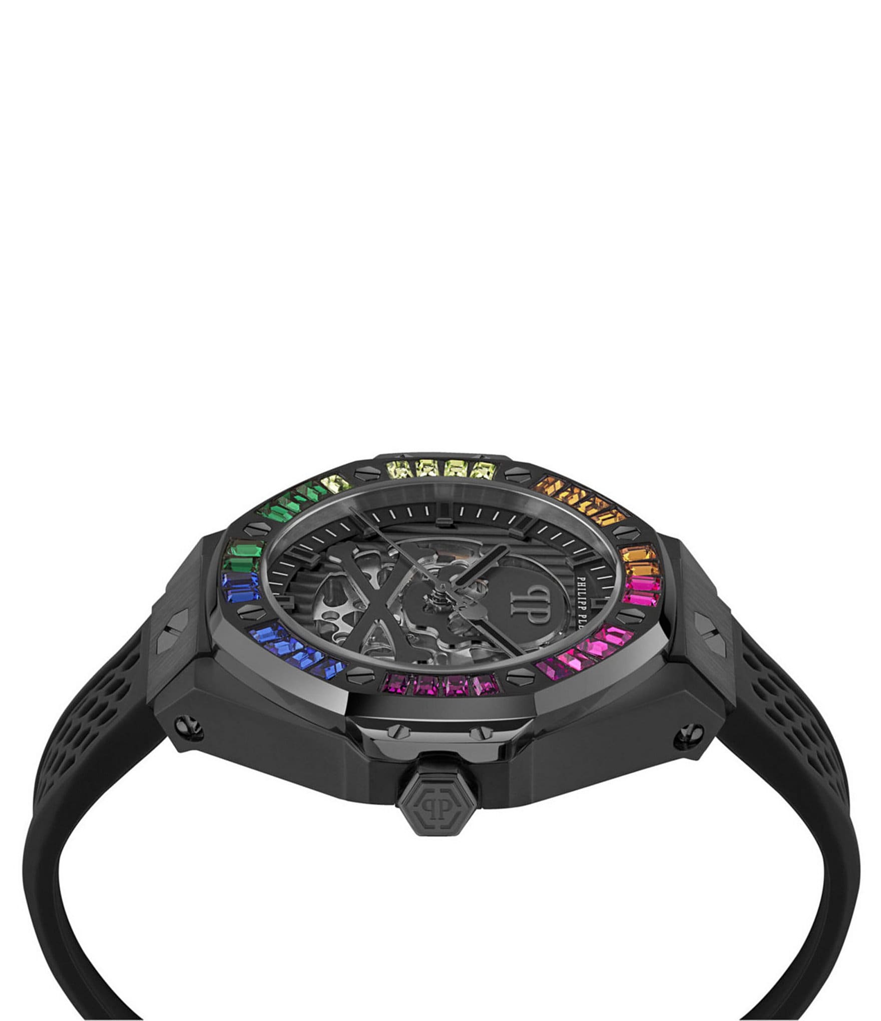 Philipp Plein Men's Plein Skeleton Royal Automatic Black and Multi Rhinestones Silicone Strap Watch