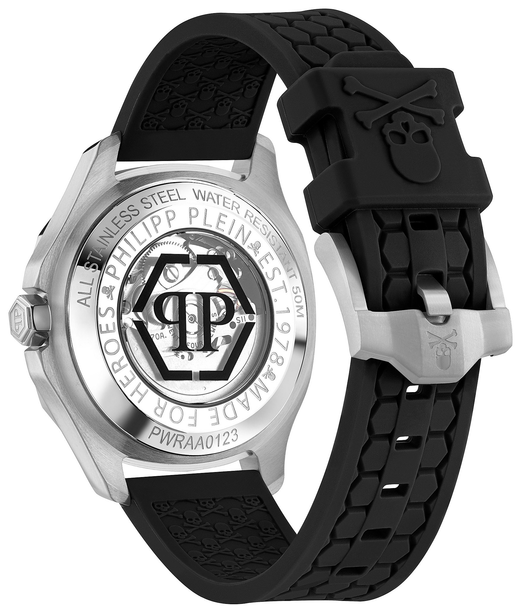 Philipp Plein Men's Skeleton Spectre Automatic Silver Black Silicone Strap  Watch | The Shops at Willow Bend