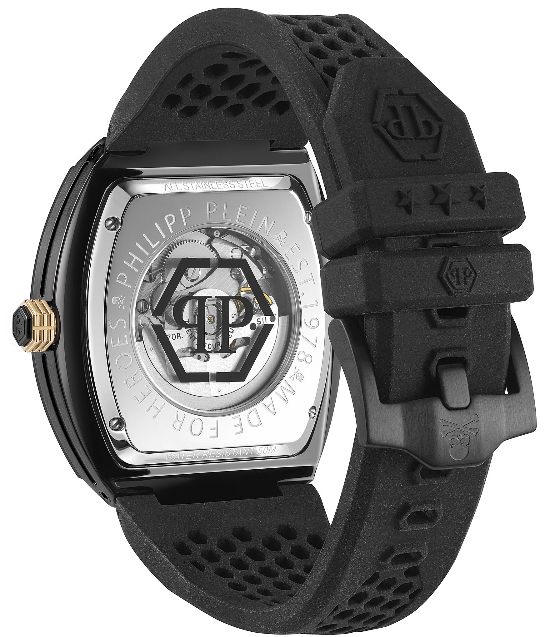 Philipp Plein Men's The Skeleton Automatic Grey Dial Black Silicone Strap Watch