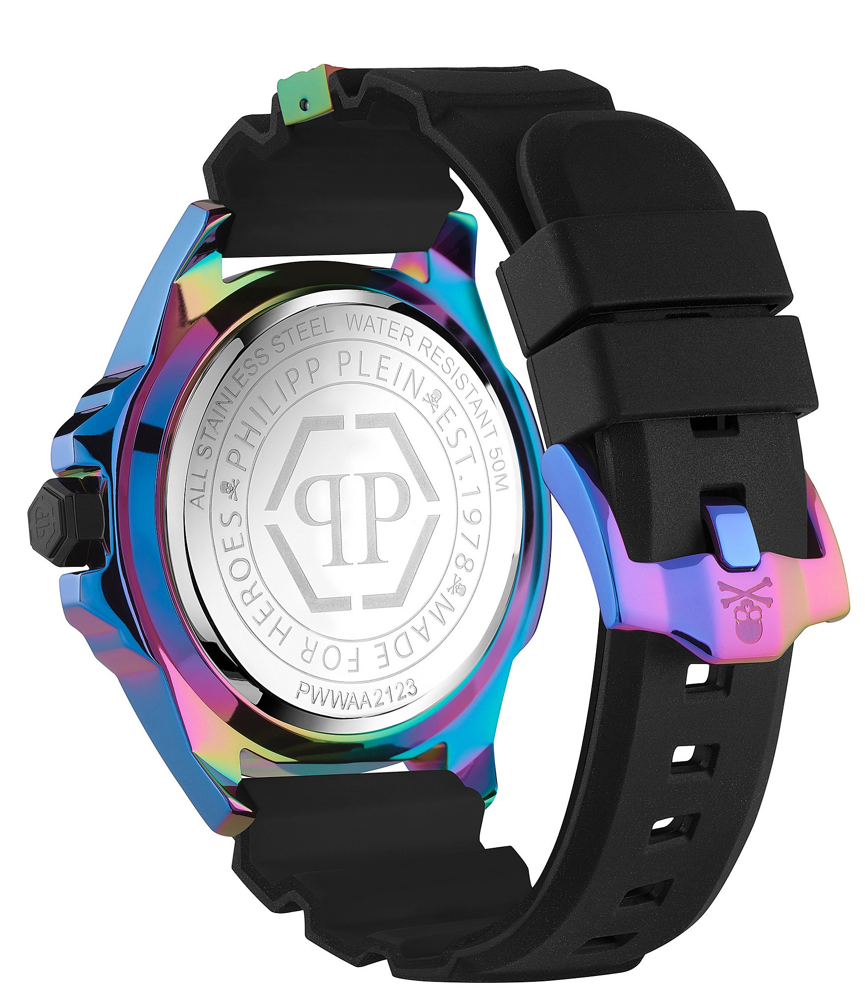 Philipp Plein Men's The Skull Rainbow Quartz Analog Black Silicone Strap Watch