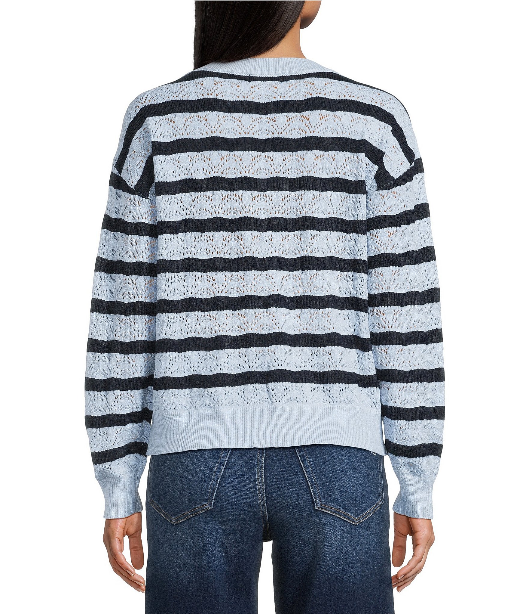 Pink Robin Striped Pointelle Long Sleeve Sweater