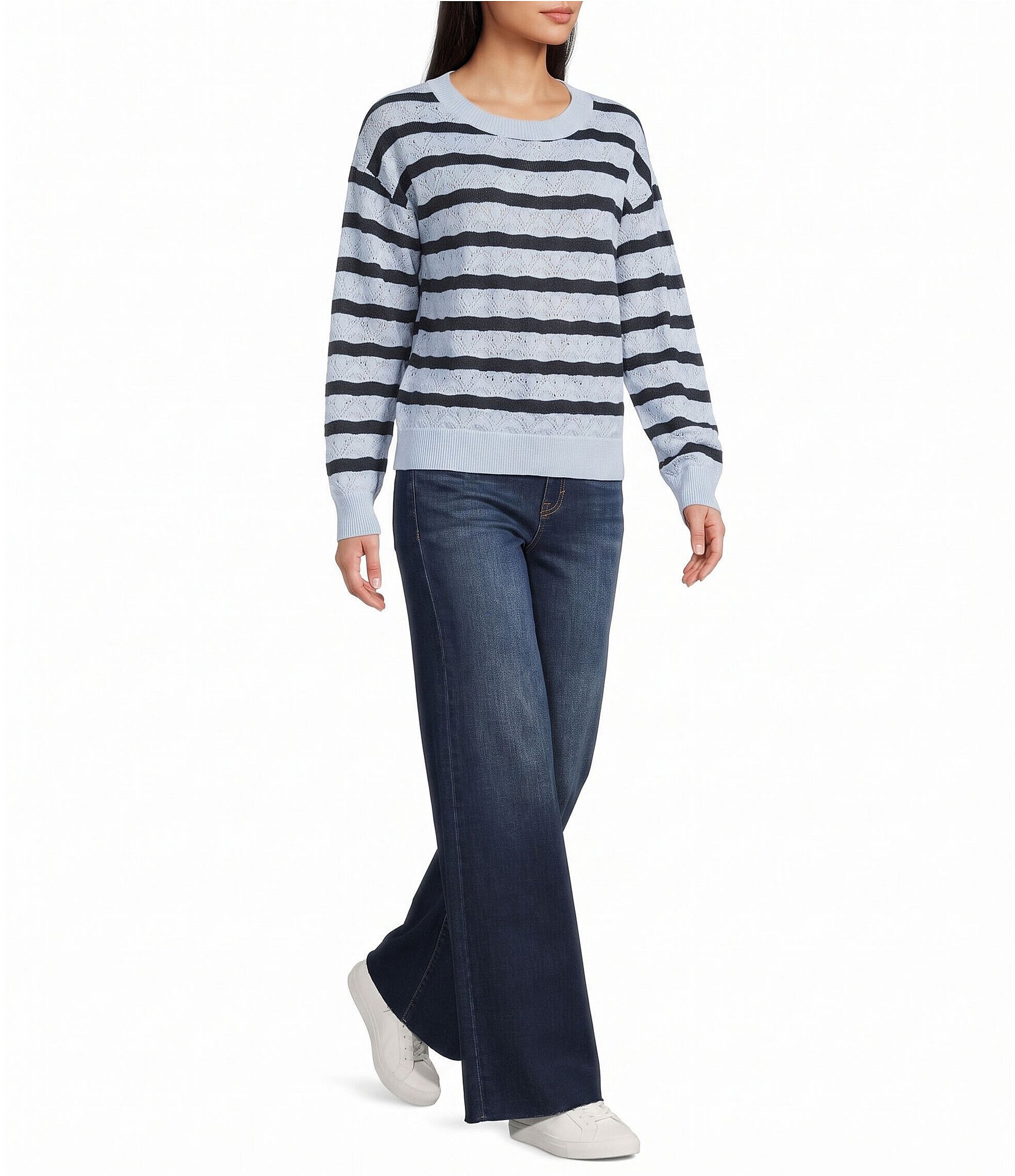 Pink Robin Striped Pointelle Long Sleeve Sweater