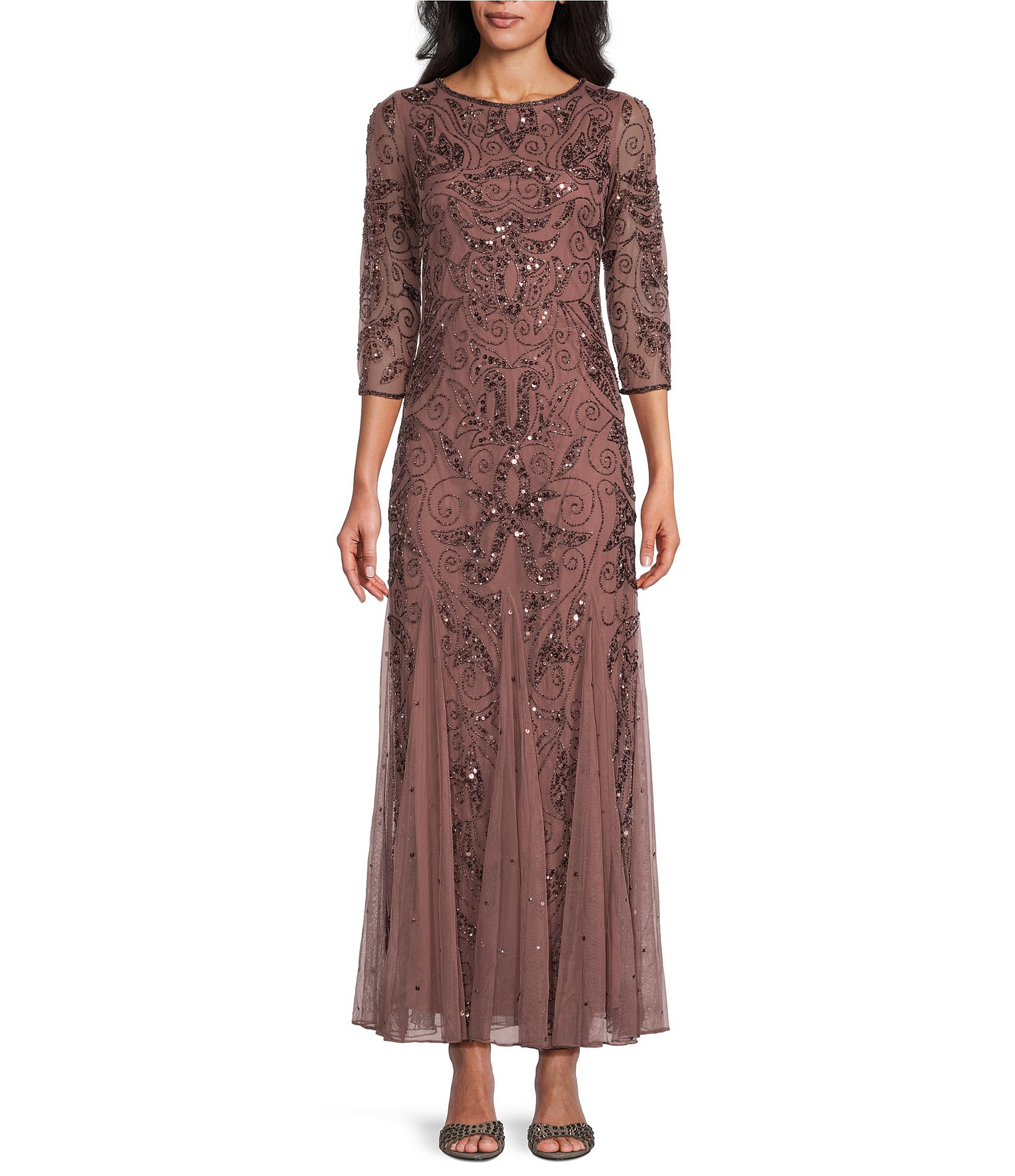 Pisarro Nights Beaded Sequin Boat Neck Illusion 3/4 Sleeve Gown