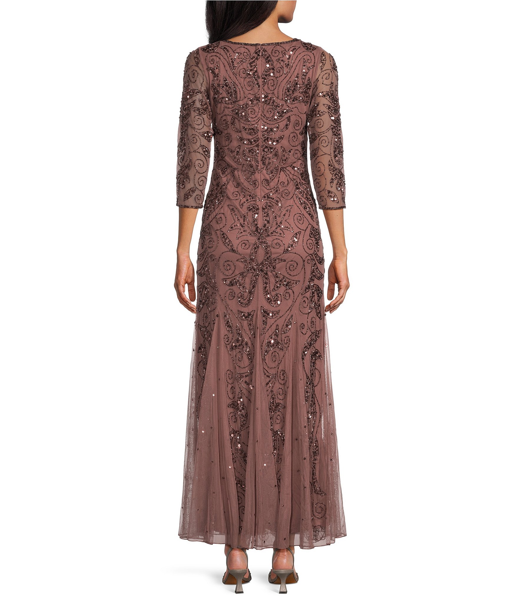 Pisarro Nights Beaded Sequin Boat Neck Illusion 3/4 Sleeve Gown