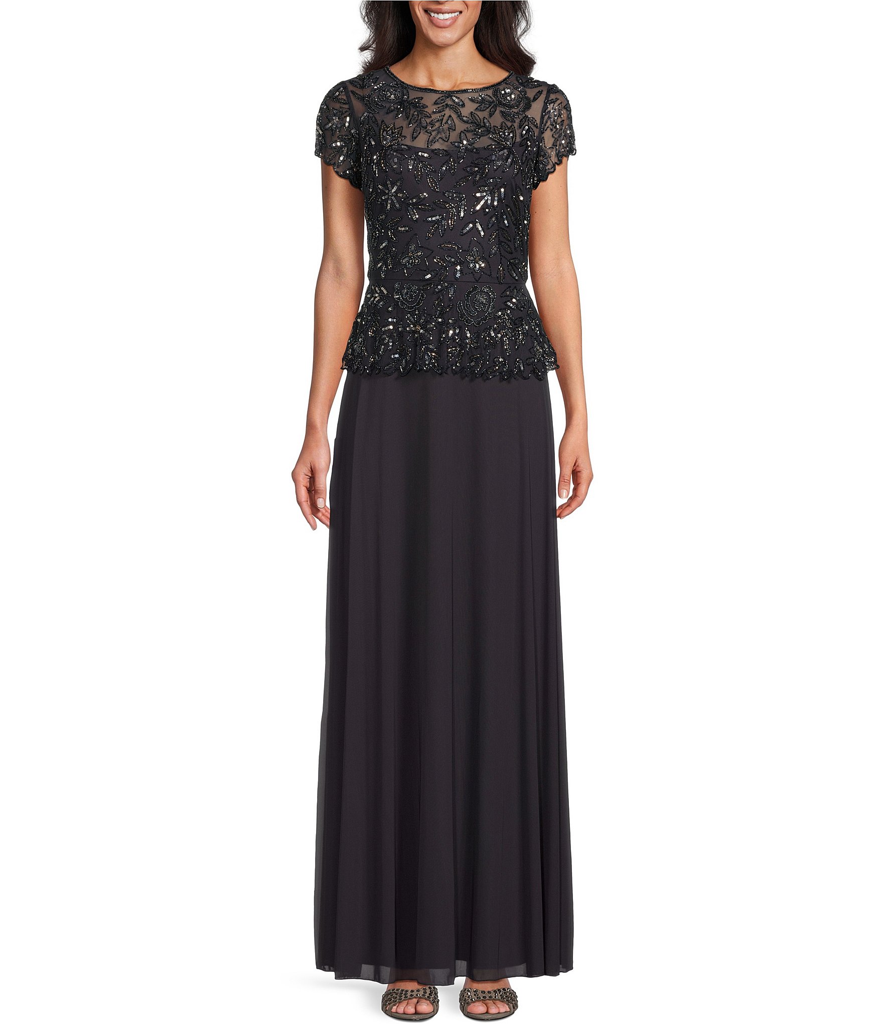 Xscape Illusion Crew Neck Long Sleeve Floral Beaded Bodice Chiffon Gown