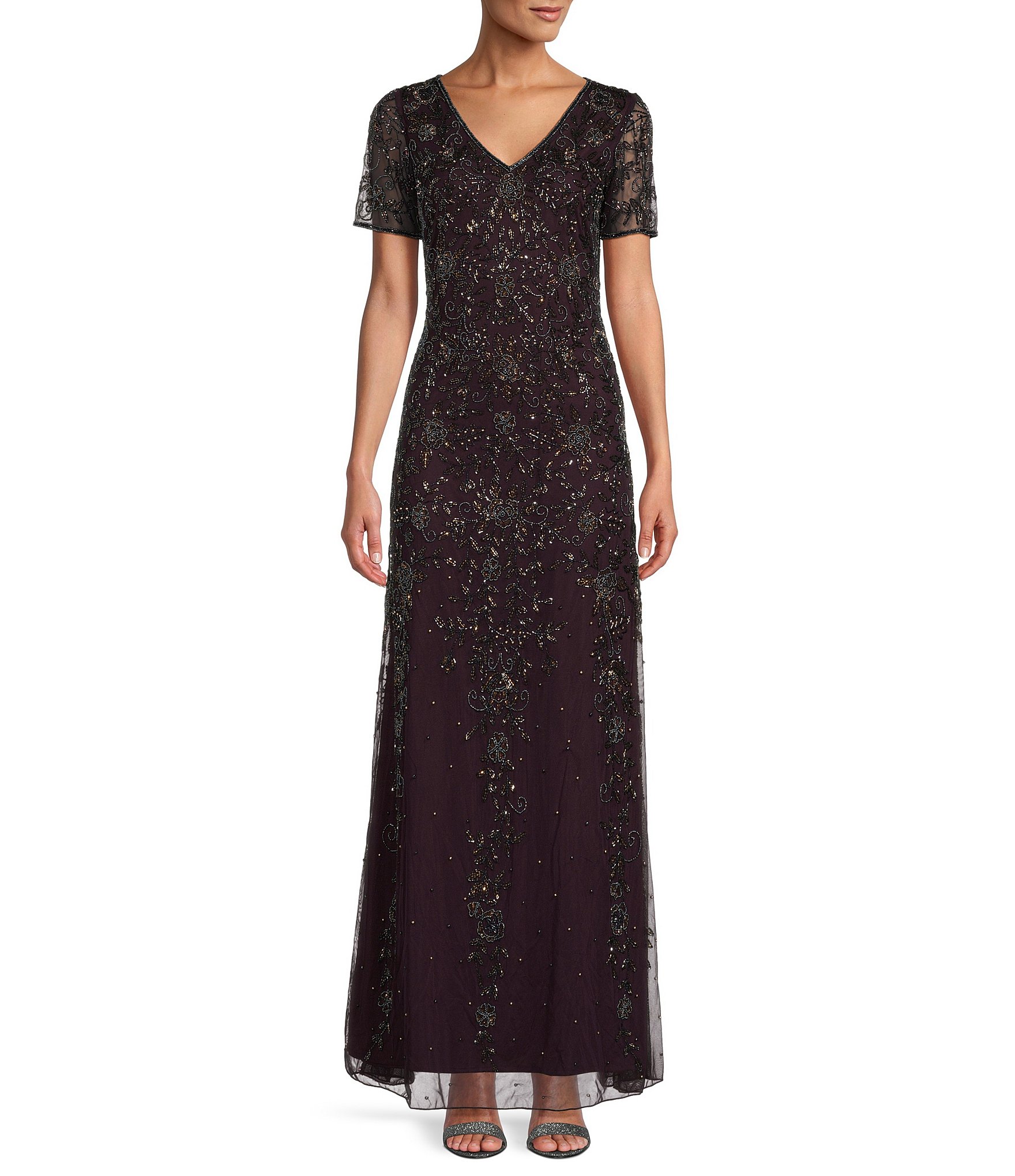 Pisarro Nights Beaded Embellished V Neck Short Sleeve Gown Dillard s