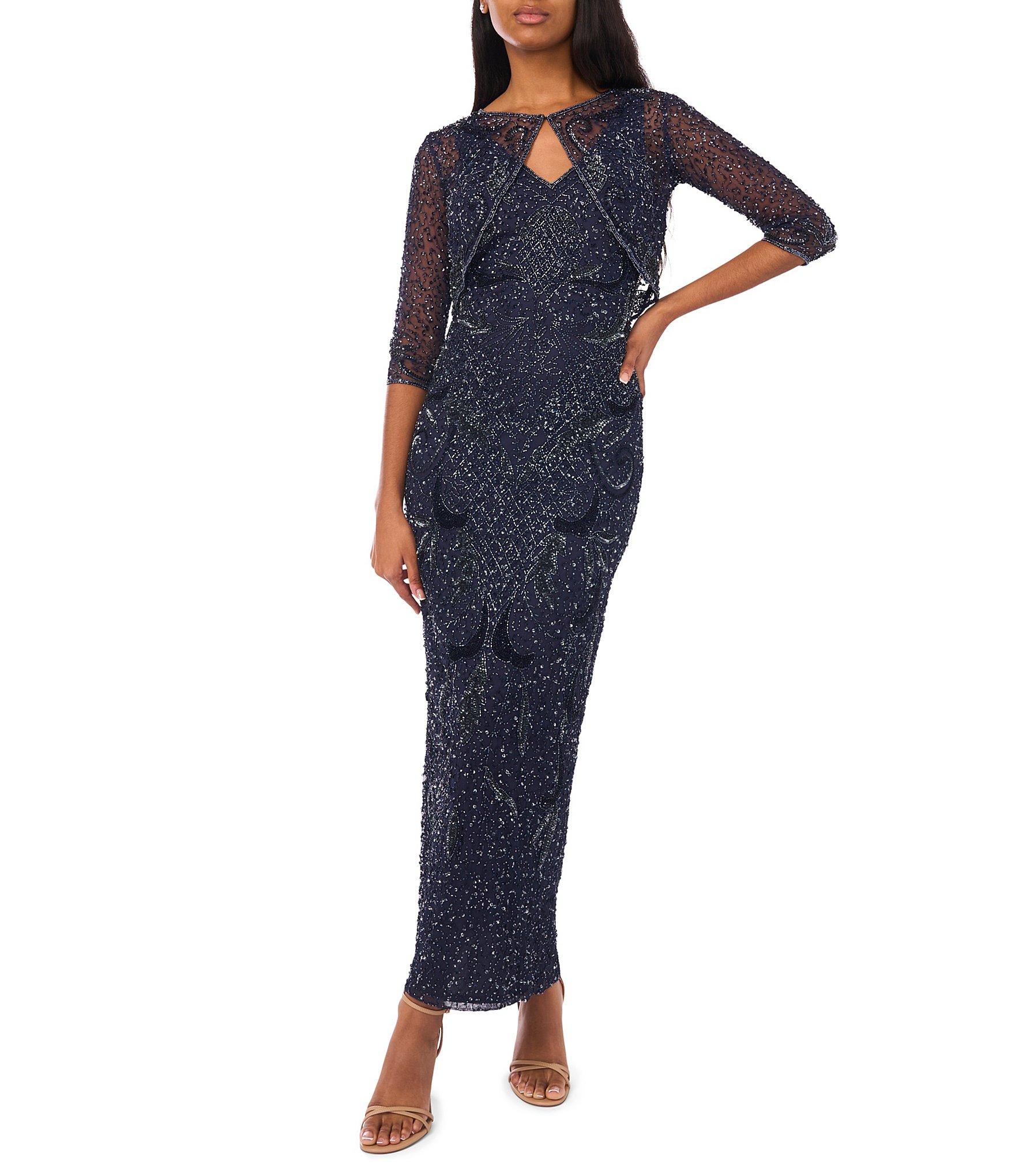 Pisarro Nights Beaded Mesh V-Neck 3/4 Sleeves Jacket Dress
