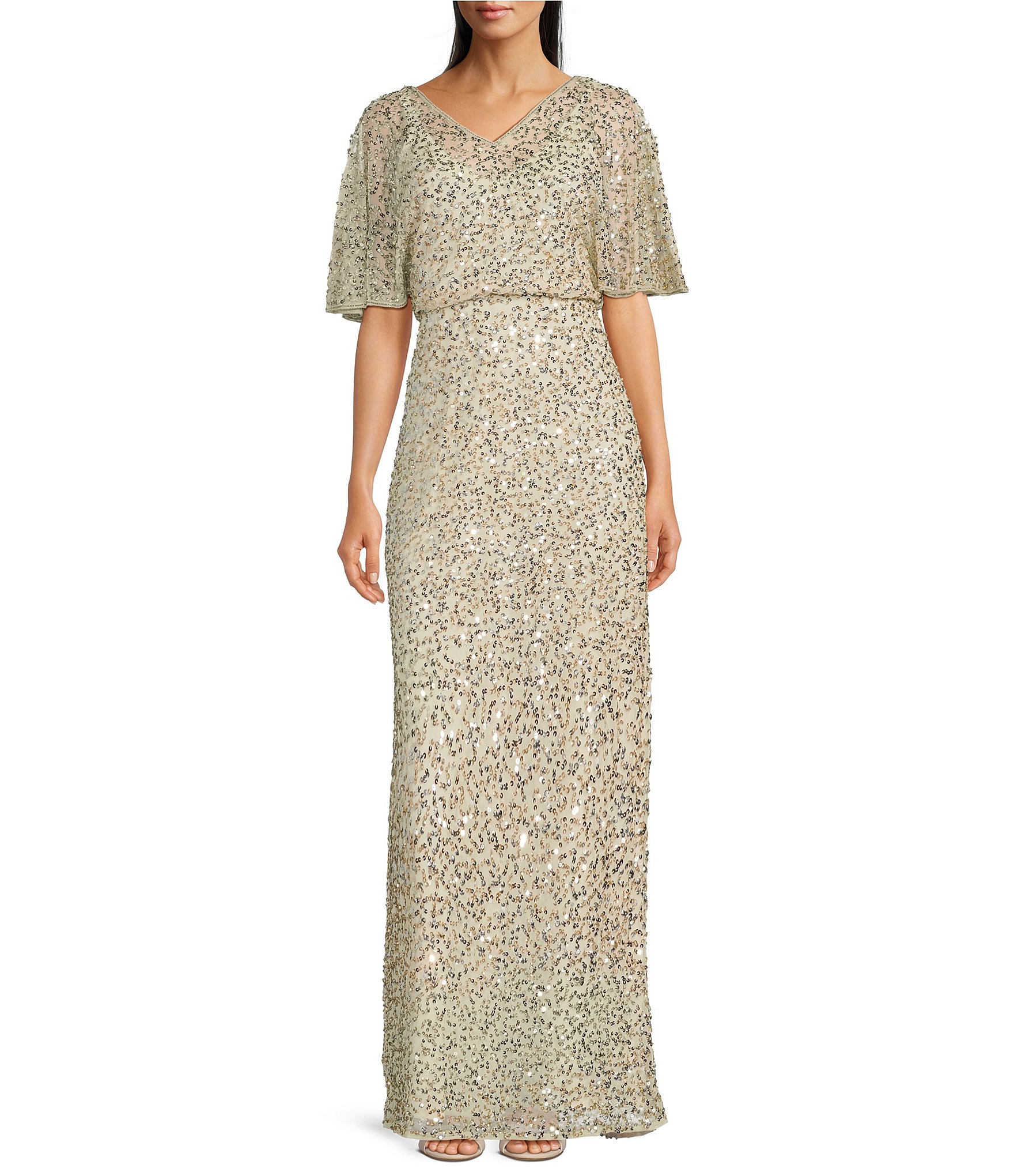 Pisarro Nights Beaded V-Neck Caplet Sleeve Blouson Gown